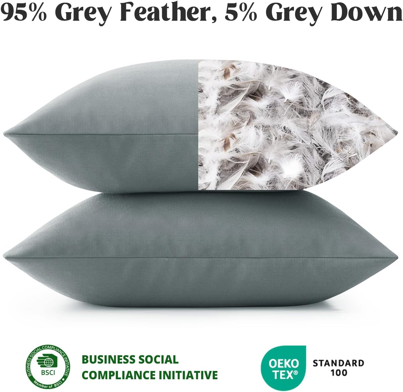 ® Outdoor Water Resistant Throw Pillows, Feathers and down Filled Decorative Pillows for Couch Cushion Garden Bench 12 X 20 Inch, Set of 2, Grey