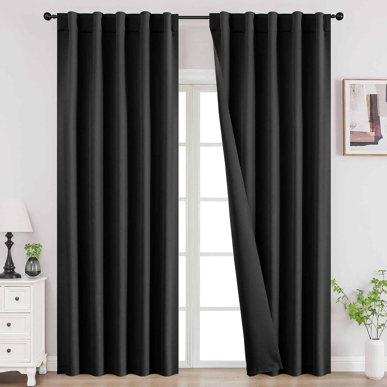 Black Thermal Insulated Blackout Curtains, 96-Inch Length, Set of 2 Panels for Bedroom and Living Room (W52 x L96 Inch, Black)