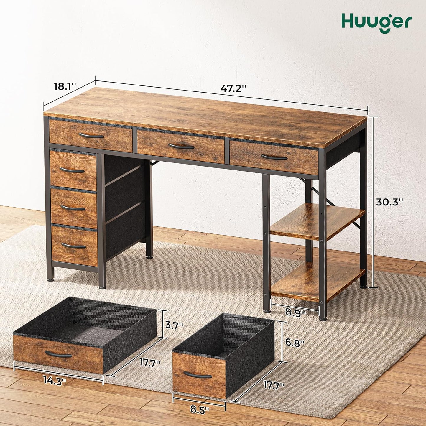 47-Inch Rustic Brown Computer Desk with 6 Drawers and Shelves, Reversible Corner Gaming Desk for Home Office, Study, and Living Room