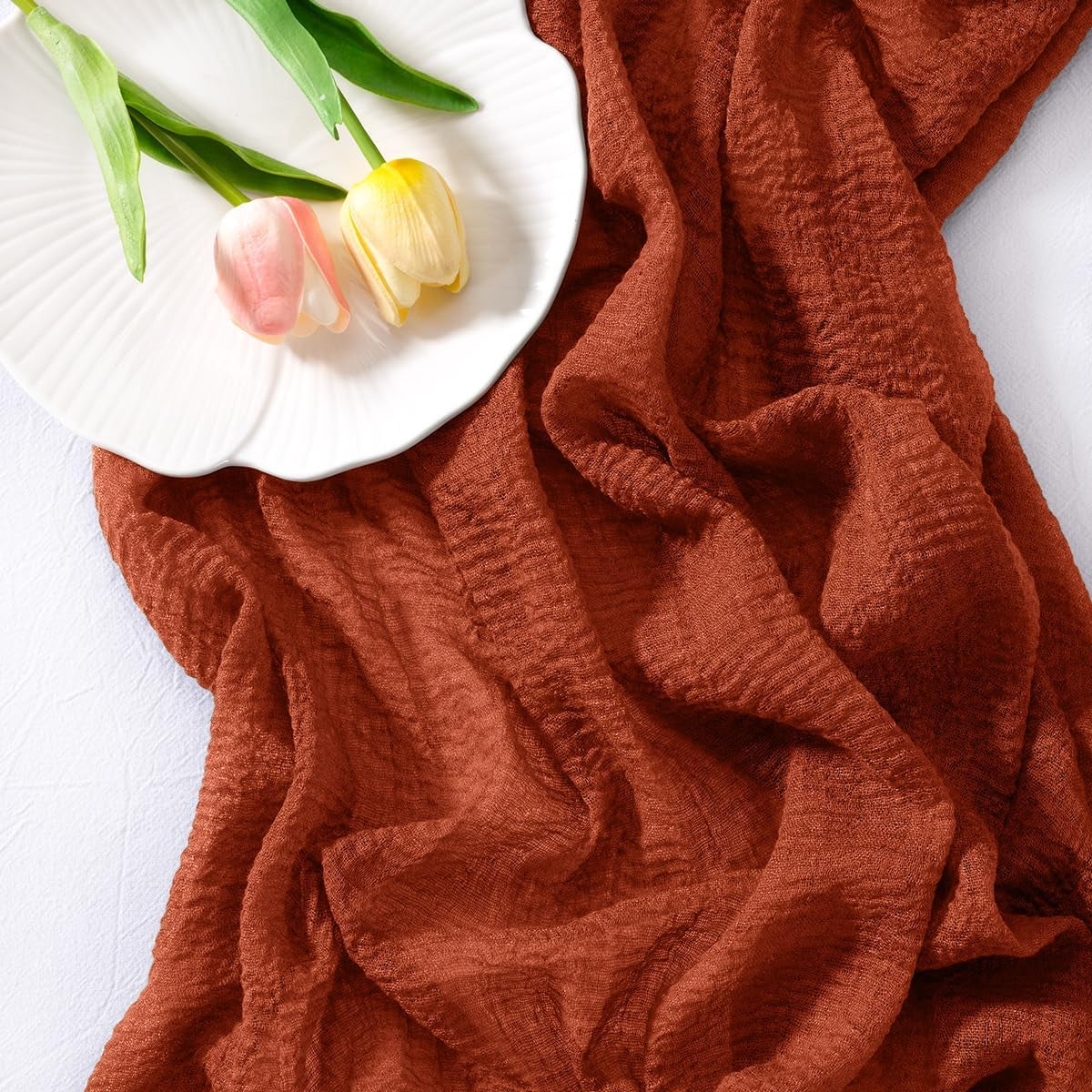 Terracotta Cheesecloth Table Runner Fall Thanksgiving Gauze 120 Inch Rustic Boho Cheese Cloth Runner for Wedding Party Baby Bridal Shower Centerpiece Decoration Holiday Home Decorations