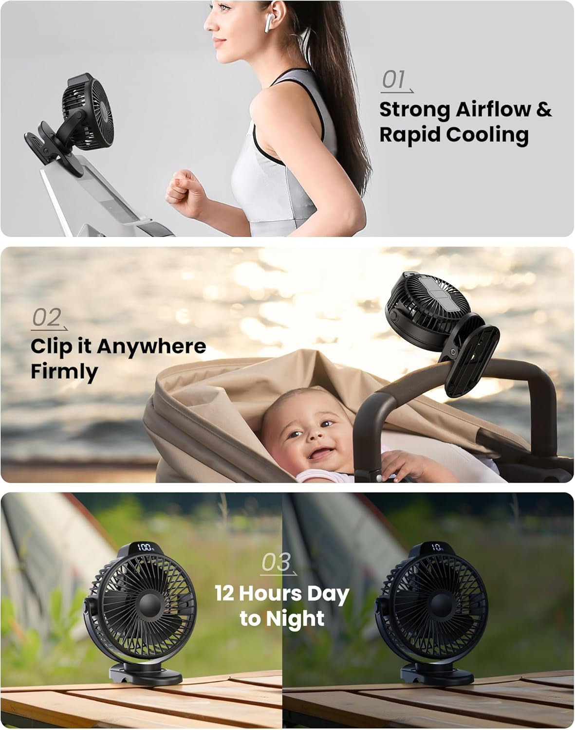 Portable Clip on Fan, Small USB Fan Battery Operated, 3 Speed Rechargeable Mini Fan with LED Display, 360° Rotate Personal Cooling Desk Fan for Stroller Travel Camping Golf Gym