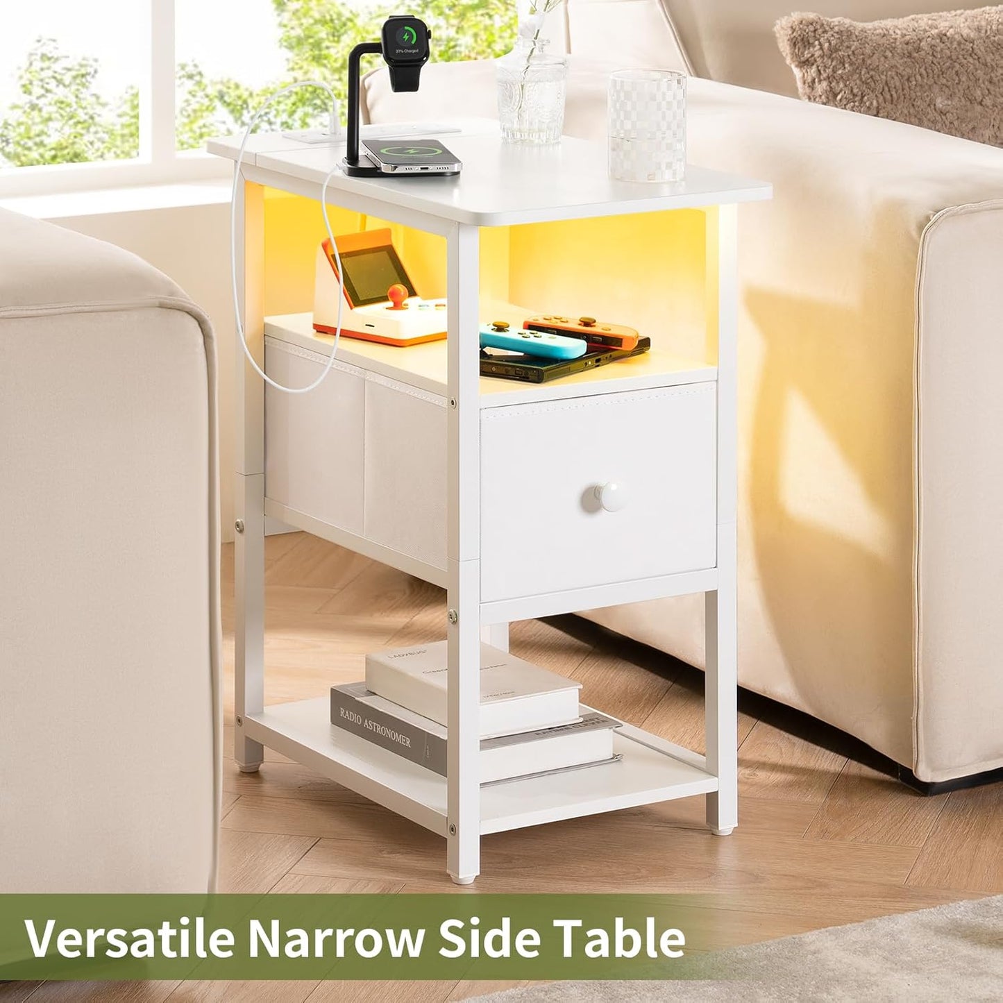 End Table with Charging Station, Narrow Side Table with Adjustable Fabric Drawer, 3-Tier End Tables Living Room, Small Nightstand with Outlets, LED Skinny Night Stand for Bedroom Small Spaces