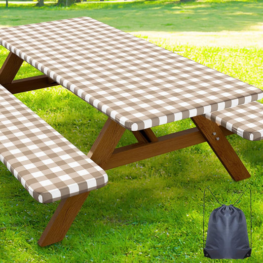 Waterproof Elastic Fitted Picnic Table and Bench Covers, Washable Buffalo Plaid Tablecloth for 6-Foot Rectangle Tables, Outdoor Use (Khaki & White, 30" x 72")