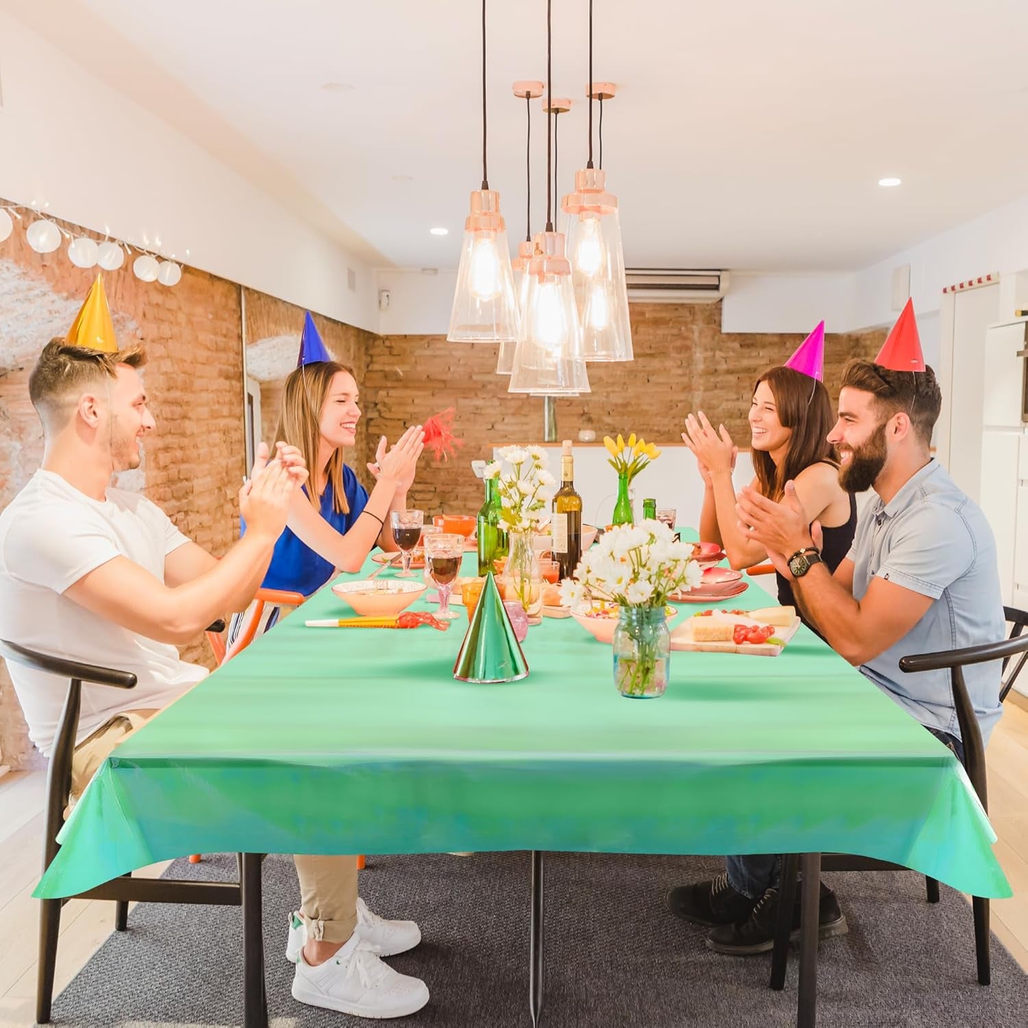 Set of 2 Green Iridescent Disposable Tablecloths - 40 x 108 inches - Shiny Holographic Plastic Covers for Party, Wedding, and Banquet Decor