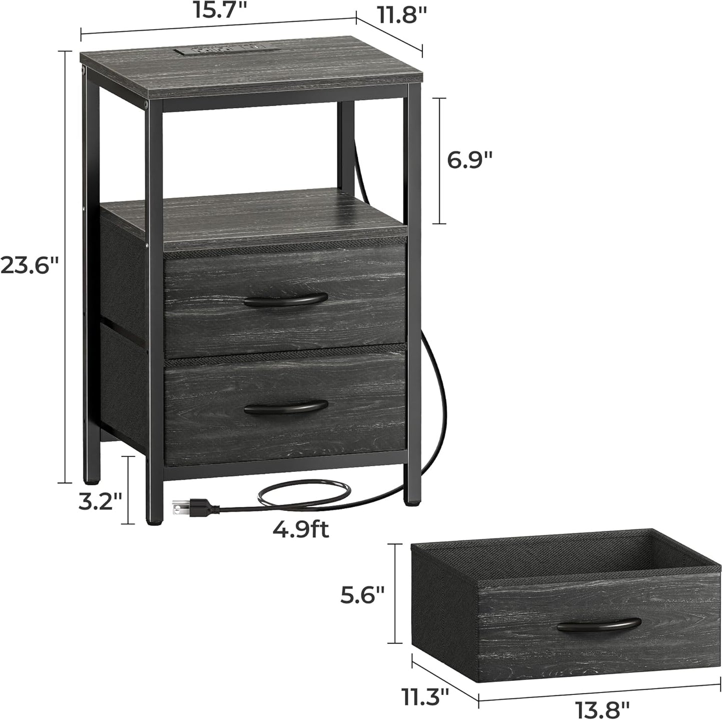 Elegant Nightstand with Integrated Charging Station, Fabric Storage Drawers, Open Shelf Design, USB Ports and Outlets, Charcoal Black Wood Grain Finish