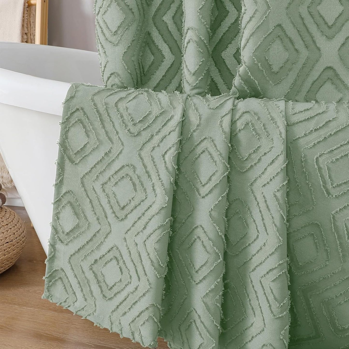 Diamo Stall Small Shower Curtain 36X72 Inch, Sage Green Premium Geometric Jacquard Textured Fabric for Bathroom, Soft Airy Wrinkle Free Decorative Shower Curtain with 12 Plastic Hooks