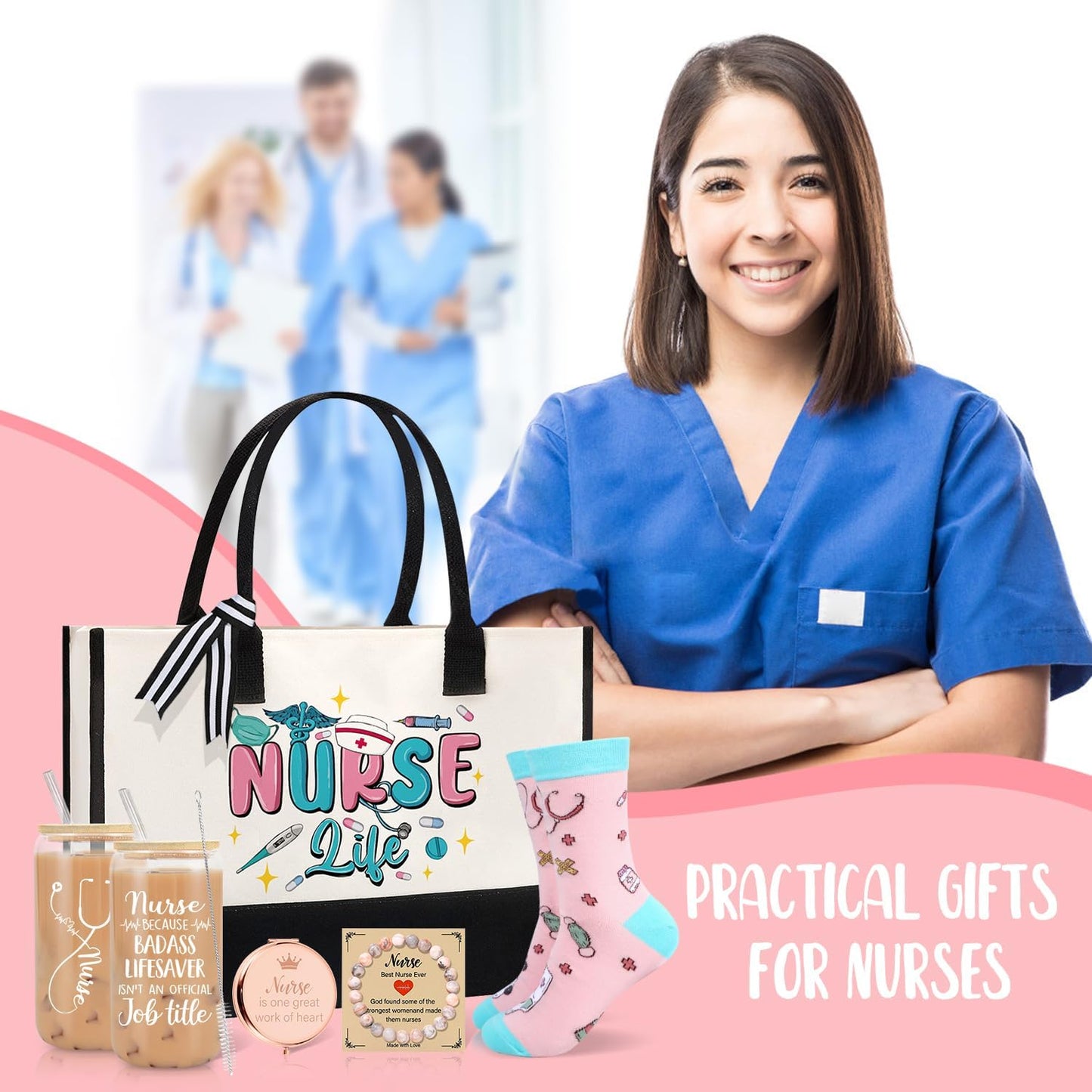 Nurse Gifts for Women, Nurse Appreciation Gifts, Nurses Week Gift, Graduation, Birthday, Christmas, New Year- Nurses 16 Oz Can Glass Canvas Beach Bag Socks Mirror Bracelet