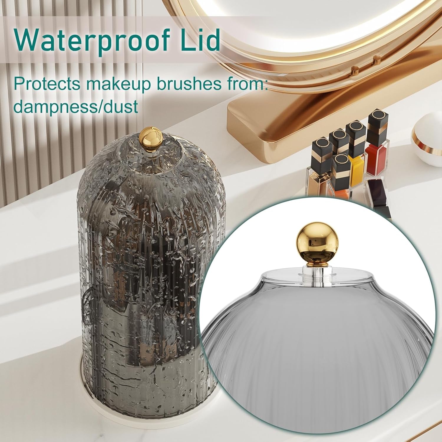 Makeup Brush Holder with Lid Cosmetic Tools Organizer 360 Rotating Waterproof Dustproof Makeup Brushes Storage for Vanity, Grey