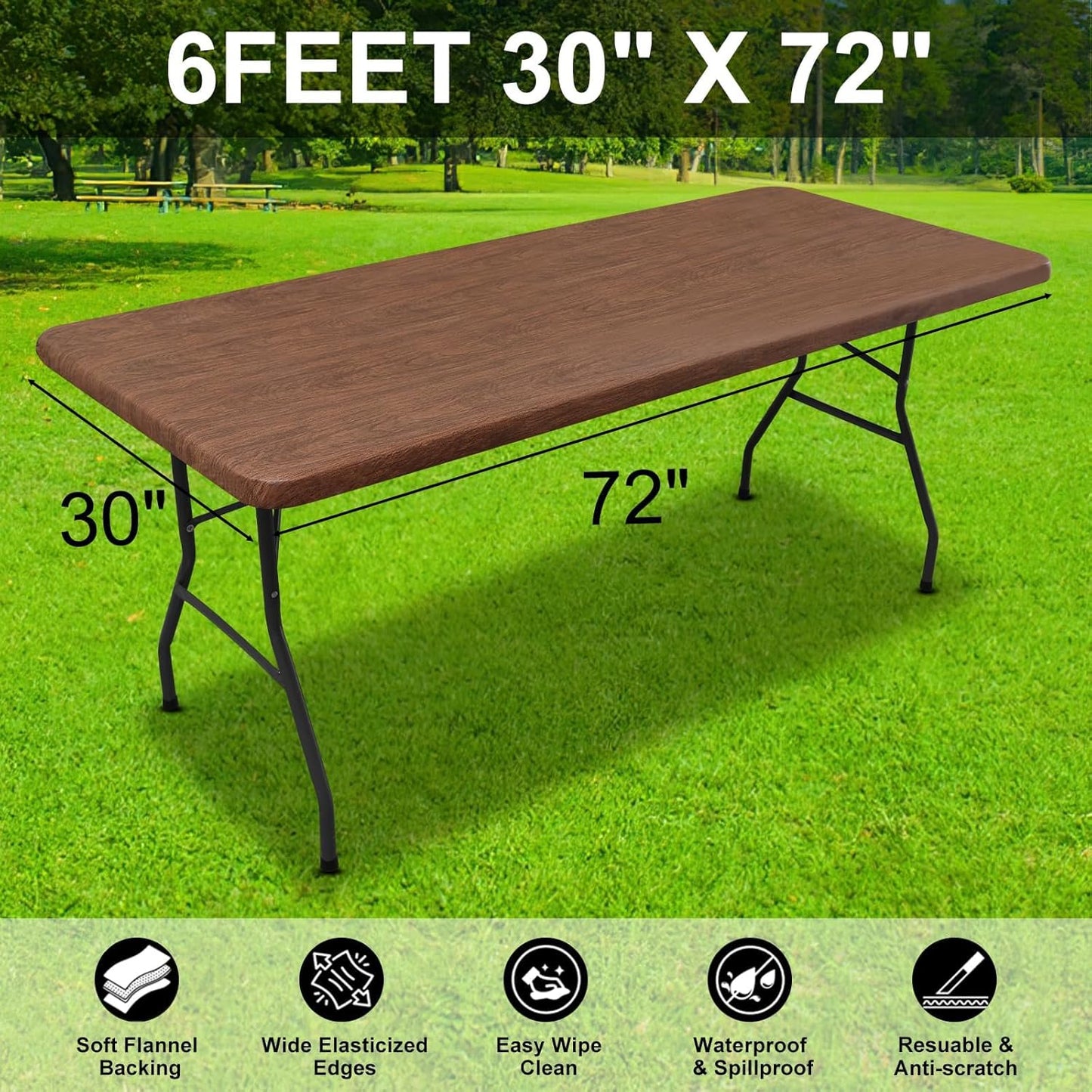 Rectangle Picnic Tablecloth, Waterproof Elastic Fitted Table Covers for 6 Foot Tables, Wipeable Flannel Backed Vinyl Tablecloths for Camping, Indoor, Outdoor (Brown, 30X72 Inches)