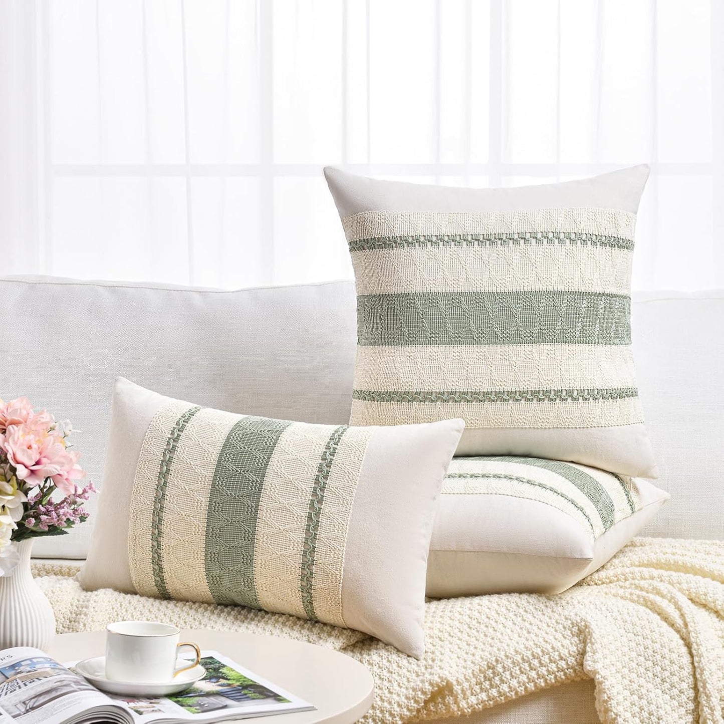 Set of 2 Sage Green Boho Decorative Throw Pillow Covers 18X18 Inch for Living Room Bedroom Couch Bed Sofa Chair, Rustic Retro Cushion Case 45X45 Cm, Bohemian Room Home Decor