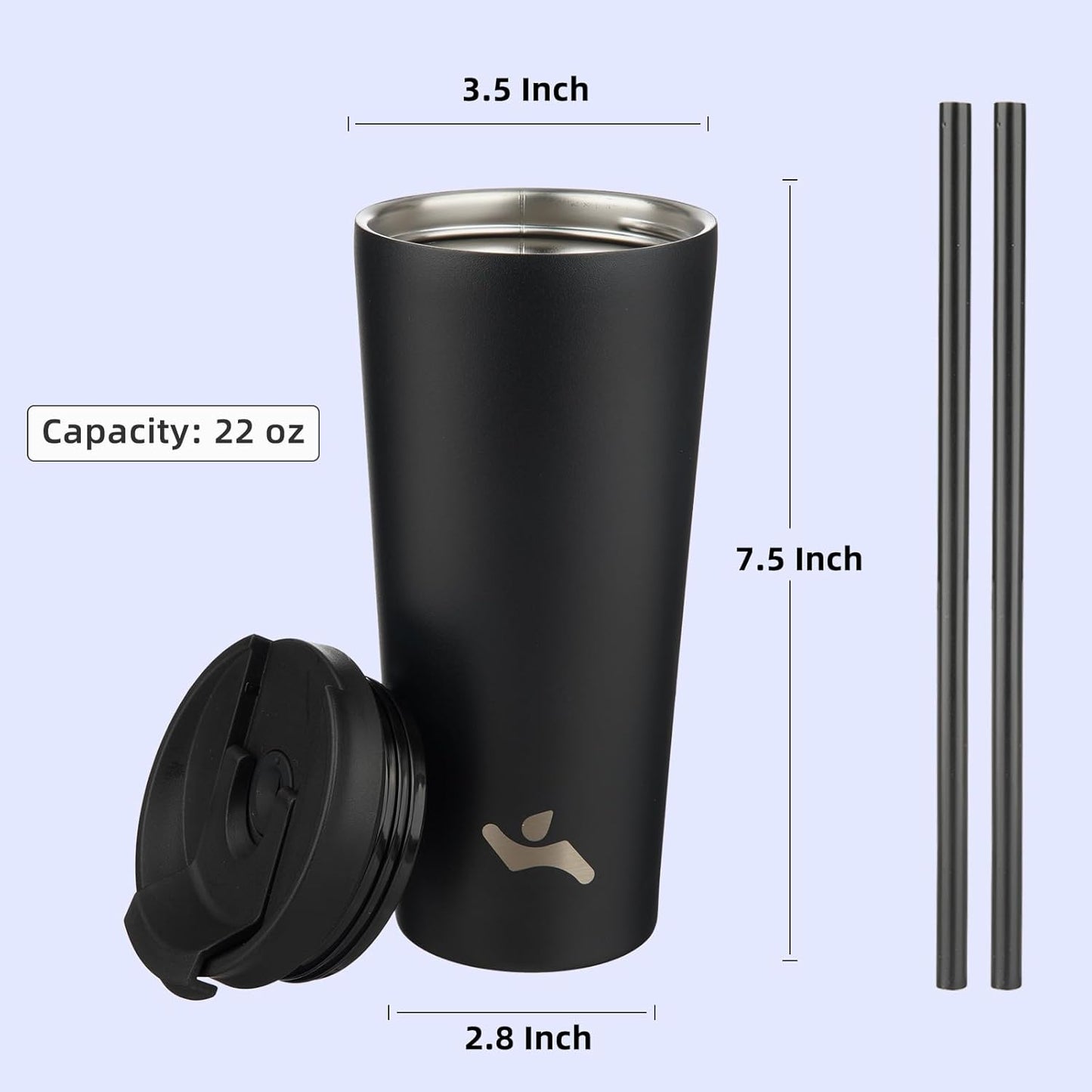 22 OZ Insulated Tumbler with Lid and 2 Straws Stainless Steel Water Bottle Vacuum Travel Mug Coffee Cup,Blue