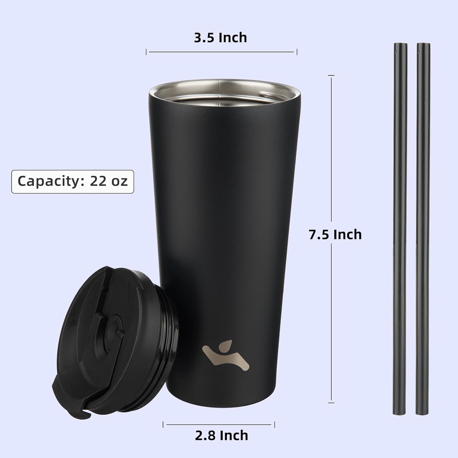 22 OZ Insulated Tumbler with Lid and 2 Straws Stainless Steel Water Bottle Vacuum Travel Mug Coffee Cup,Blue