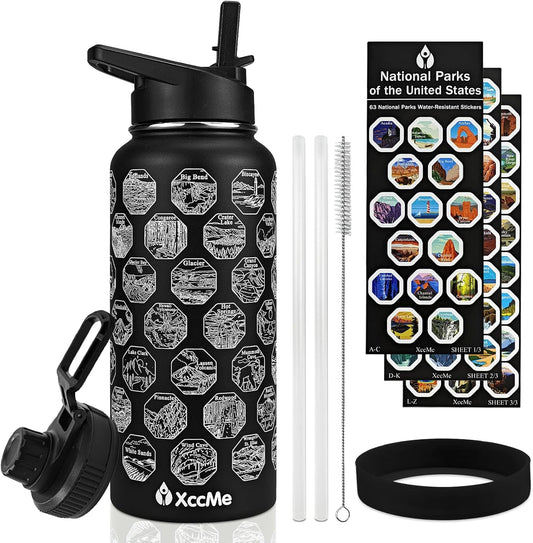 National Parks Water Bottle with Stickers,32 Oz Stainless Steel Insulated Water Bottle with Straw,2 Lids,Leak Proof Metal Water Cup for Hiking,Travel,Sports,Camping,Wide Mouth Bottle