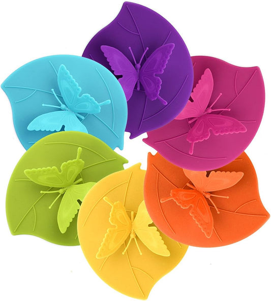 Silicone Cup Lids - Creative Butterfly Mug Cover - Anti-Dust Airtight Seal Hot Cup Lids 6 Set in Bright Colors