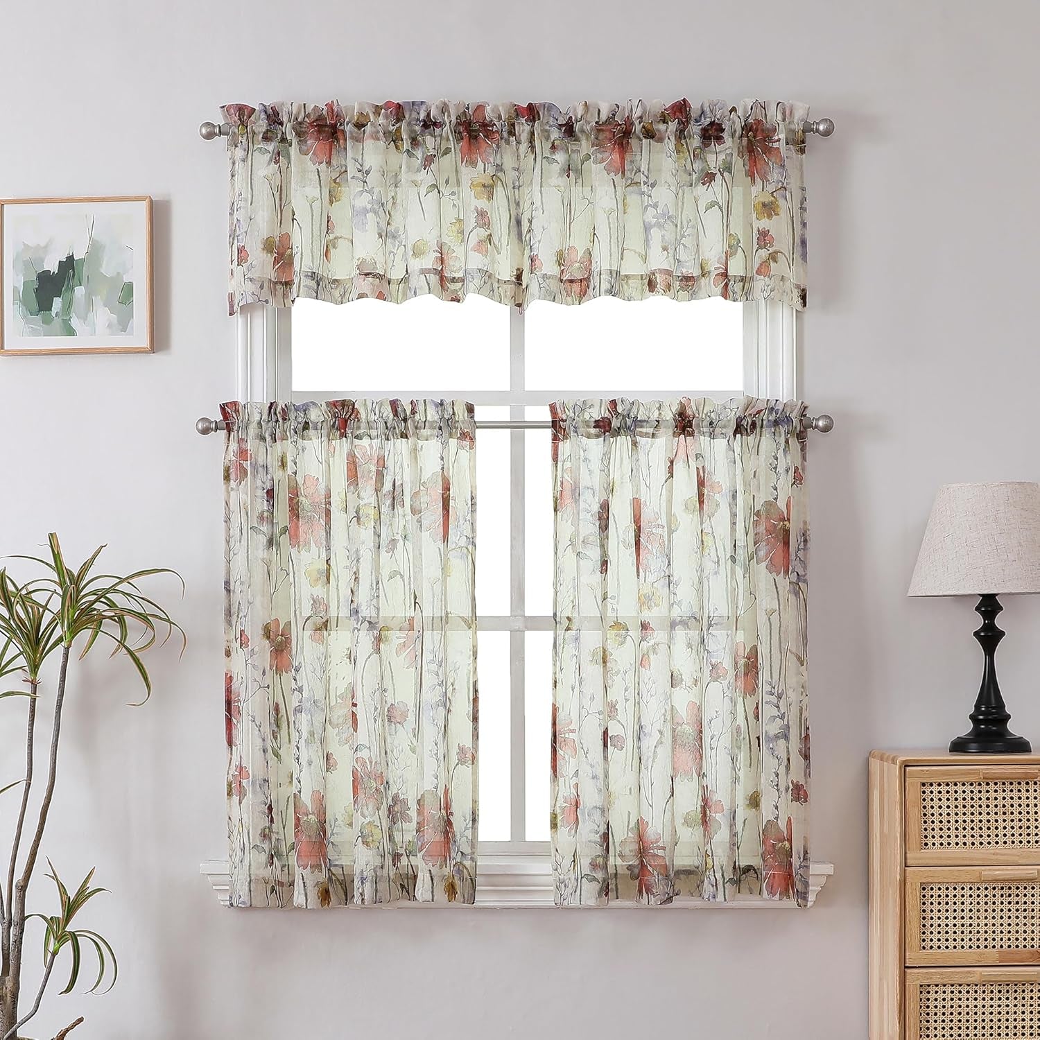 Crushed Sheer Curtains Kitchen Tiers 36 Inch Length 2 Panels, Printed Design Small Window Half Curtains for Bathroom Cafe Bedroom Cupboard Living Room, Short Light Filtering Curtain, 42"X36"