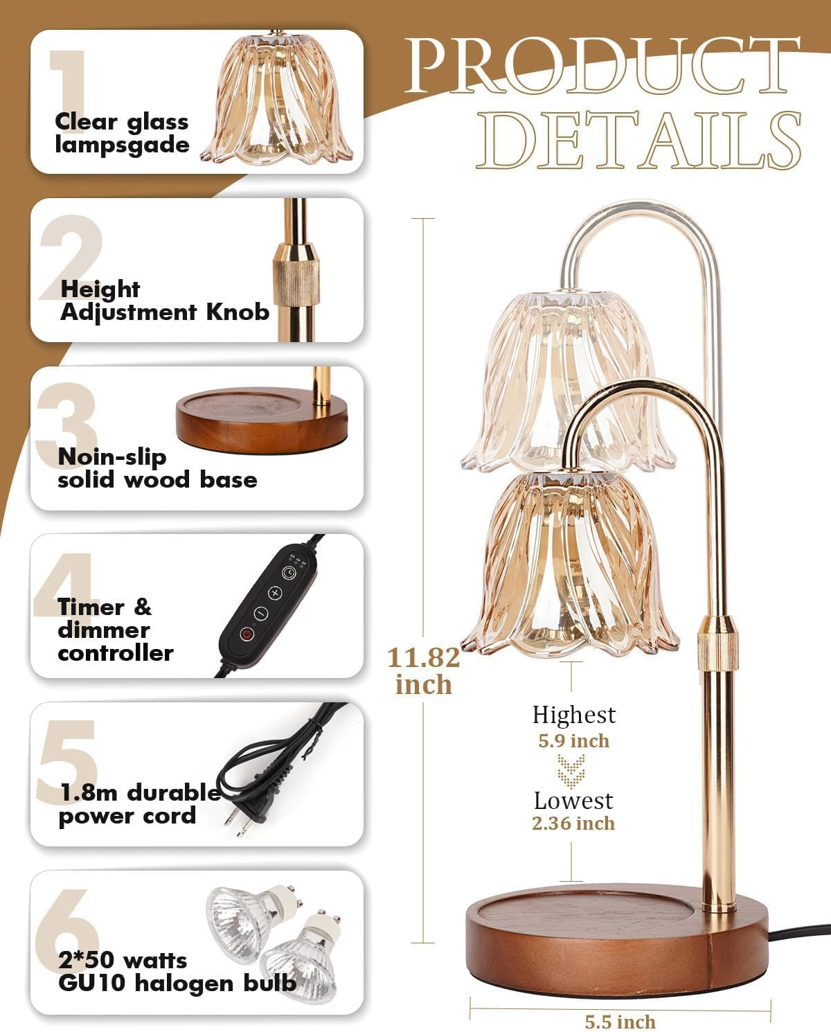 Candle Warmer Lamp, Gold Candle Lamp Warmer with Timer & Dimmer with 2 Bulbs, Birthday Gifts for Women Mom, House Warming Gifts New Home Bedroom Decor, Height Adjustable