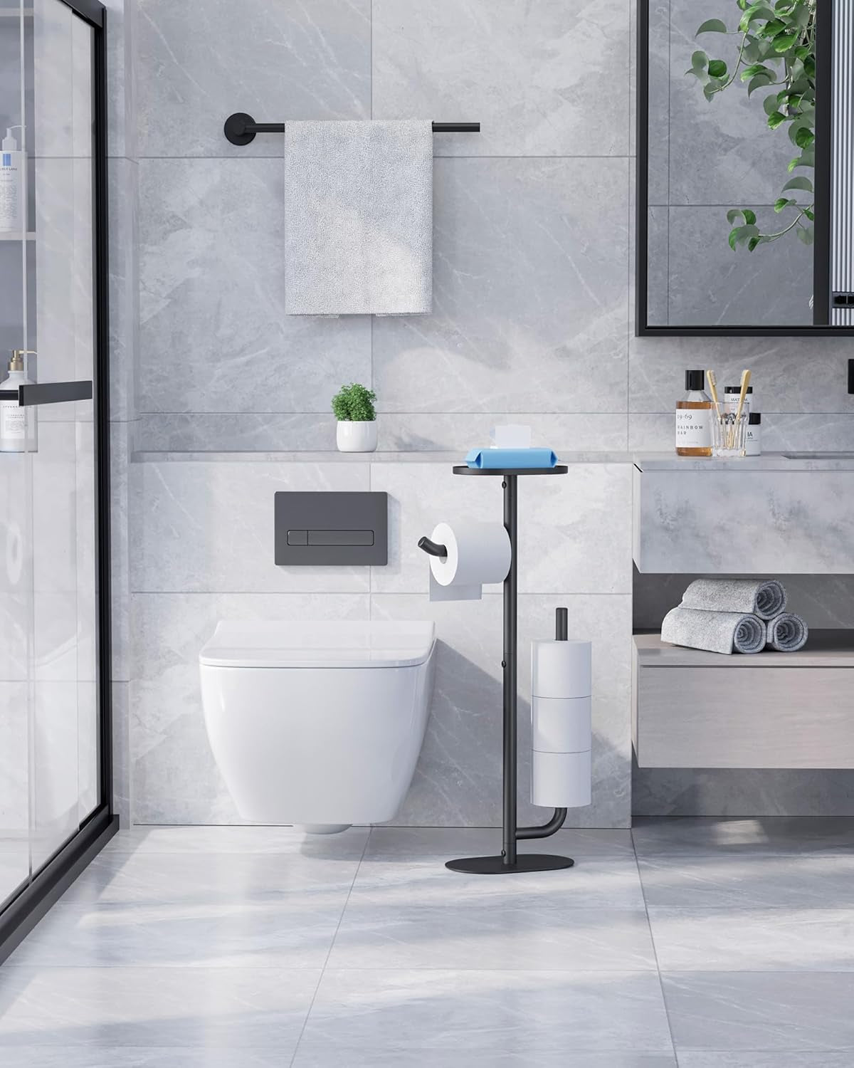 Toilet Paper Holder Stand - Spacious Toilet Paper Storage for 4 Rolls, Rustproof Bathroom Organizers and Storage with Shelf for Phone & Small Items, 9.1"×5.8"×27.6", Black