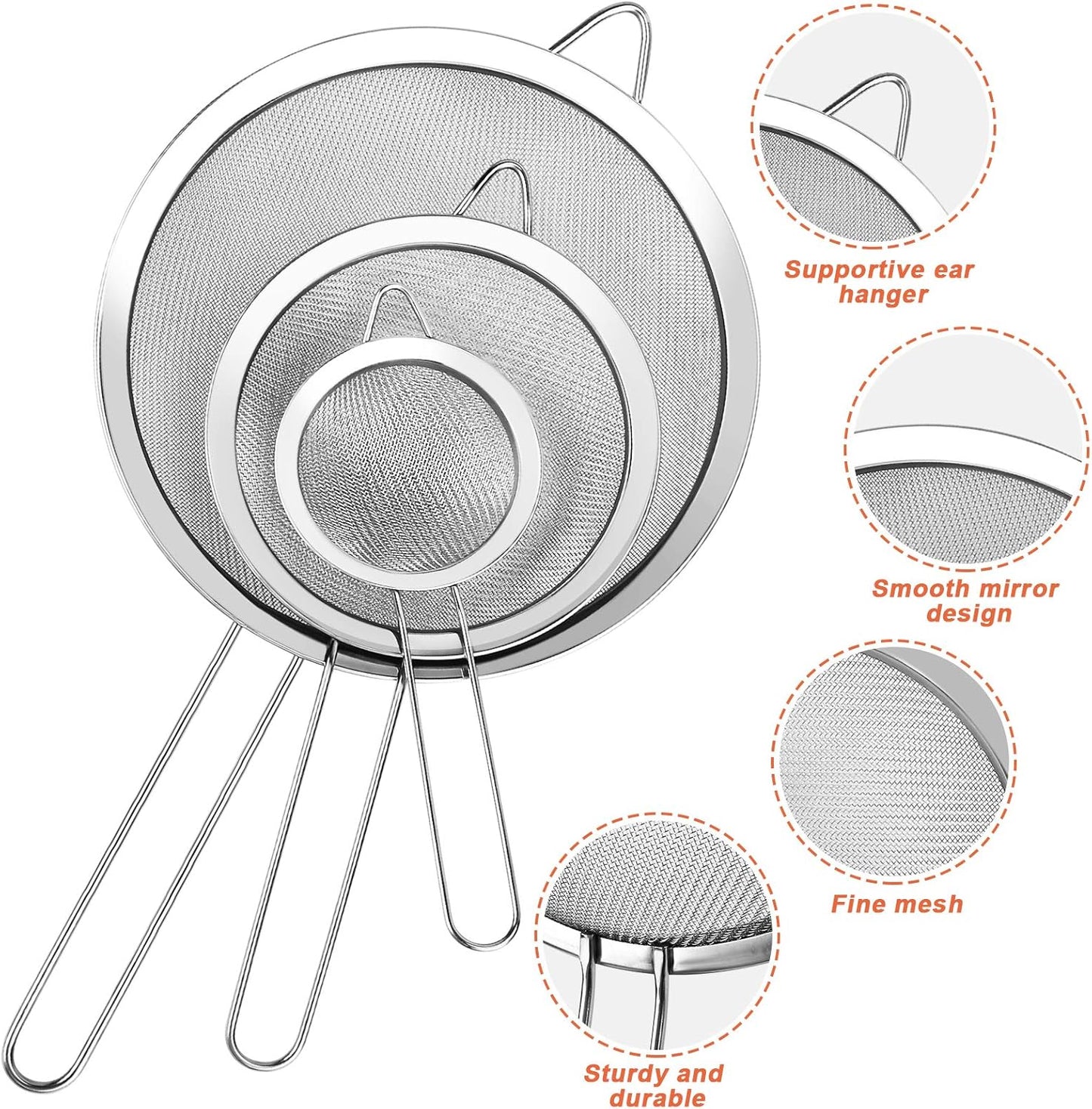 3Pcs Super Wire Extra Fine Mesh Strainer with Handle, Small Medium Large Size Sifter Metal Strainer Set, Stainless Steel Sieve Fine Mesh Strainers for Kitchen Rice Juice Quinoa Food Flour Baking