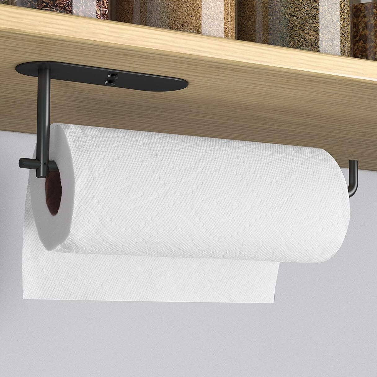 Self Adhesive Paper Towel Holder under Cabinet Mount, Wall Mounted Paper Towel Roll Holder for Kitchen, Bathroom, Wall - SUS304 Stainless Steel (Black)