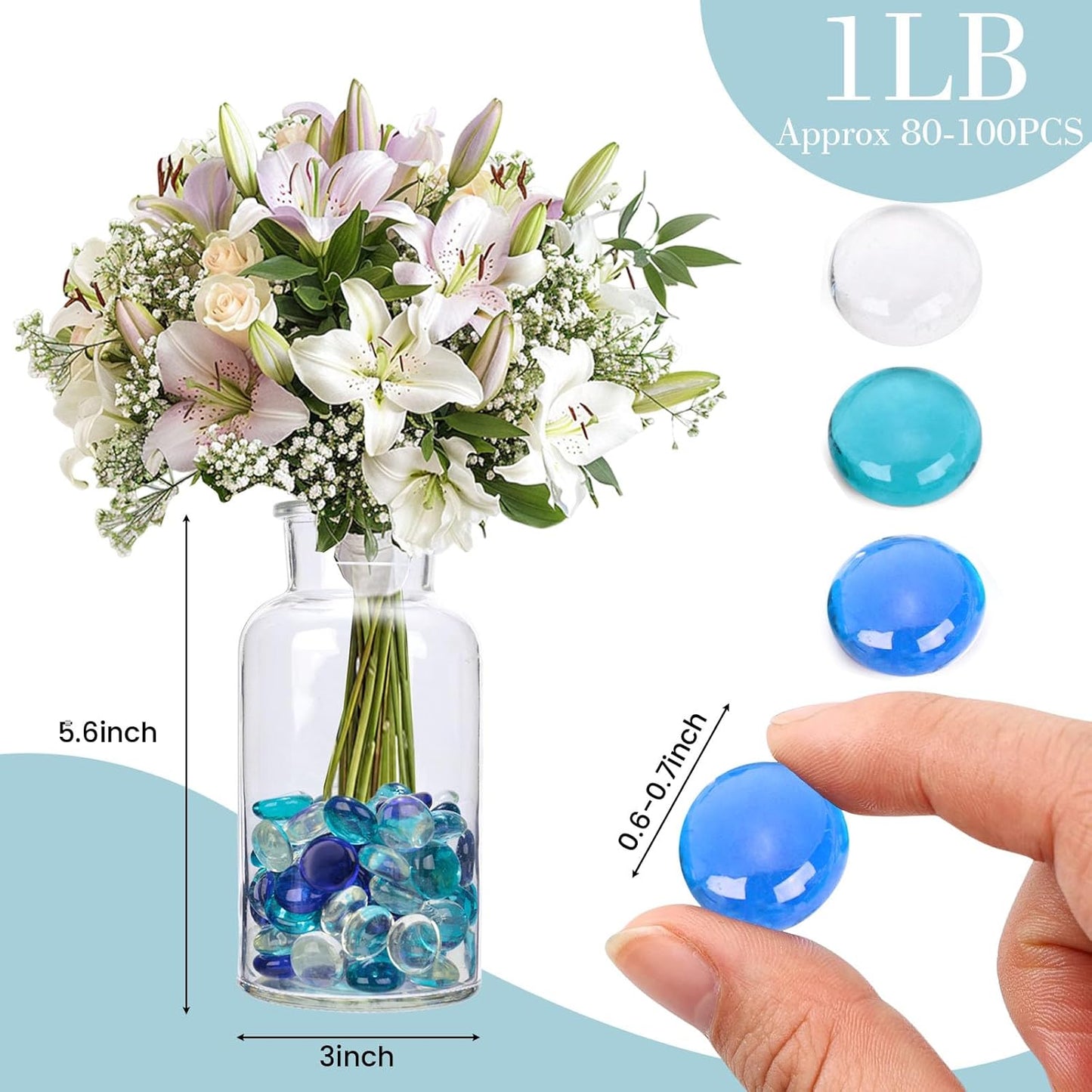 0.97 Pounds, Flat Glass Marbles, Blue Mixed Gemstone Vase Fillers Beads Decorative Glass Pebbles Floral Fish Tank Rocks for Vases Table Scatter Aquarium Decor