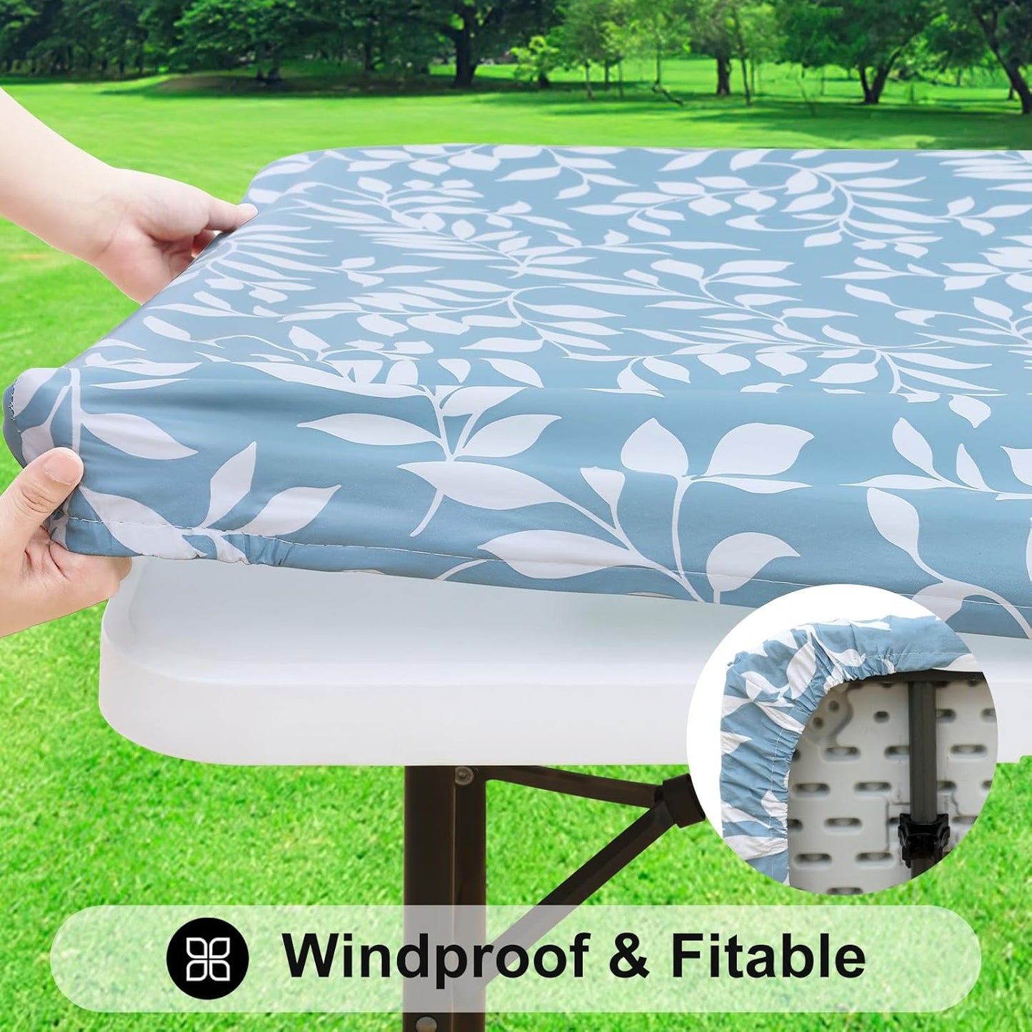 Rectangle Picnic Tablecloth, Waterproof Elastic Fitted Table Covers for 6 Foot Tables, Wipeable Flannel Backed Vinyl Tablecloths for Camping, Indoor, Outdoor (Blue Leaves, 30X72 Inches)