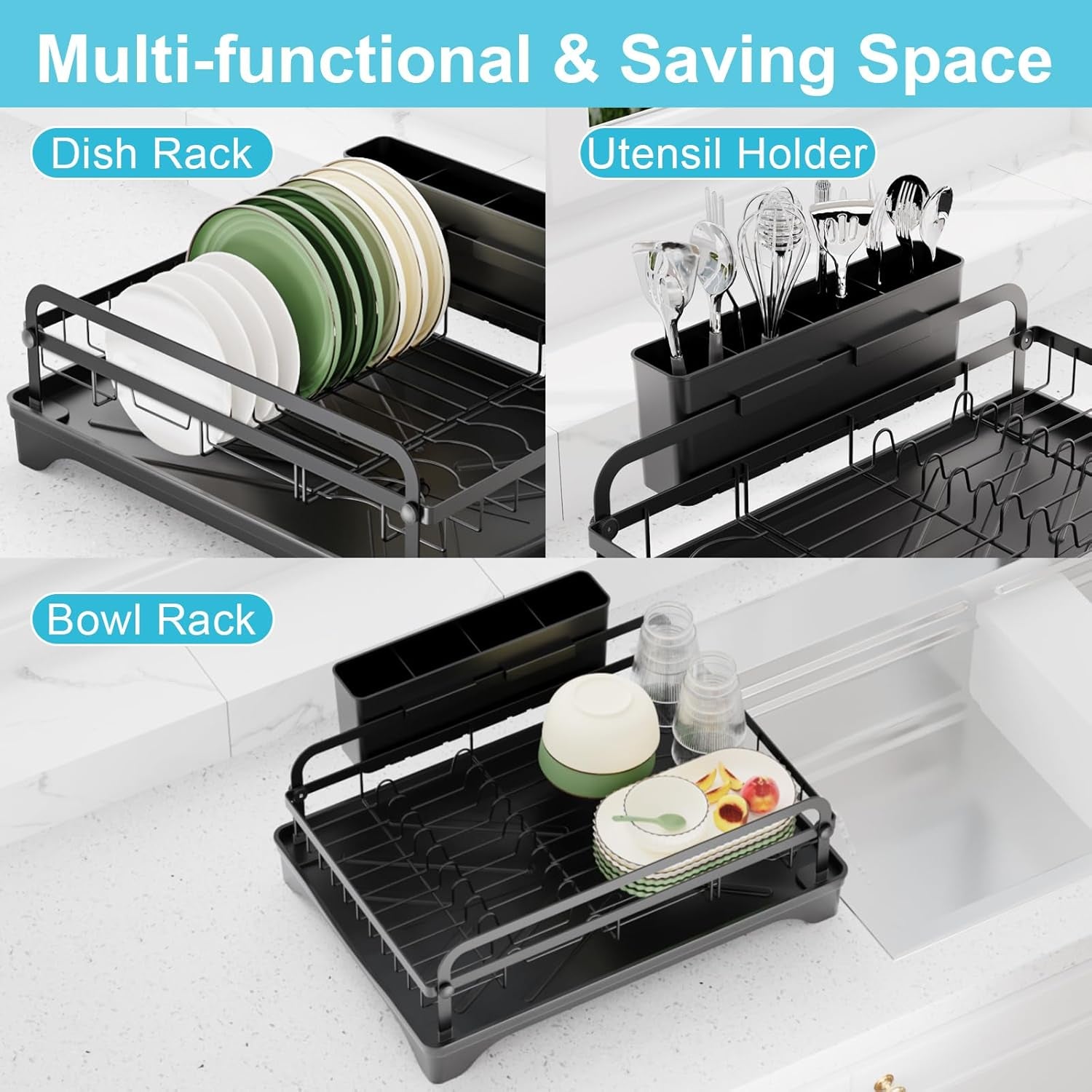 Dish Drying Rack for Kitchen Counter - Large Dish Rack with Drainboard, Rustproof Dish Drainer with Drainage Spout & Utensil Holder for Sink, Black