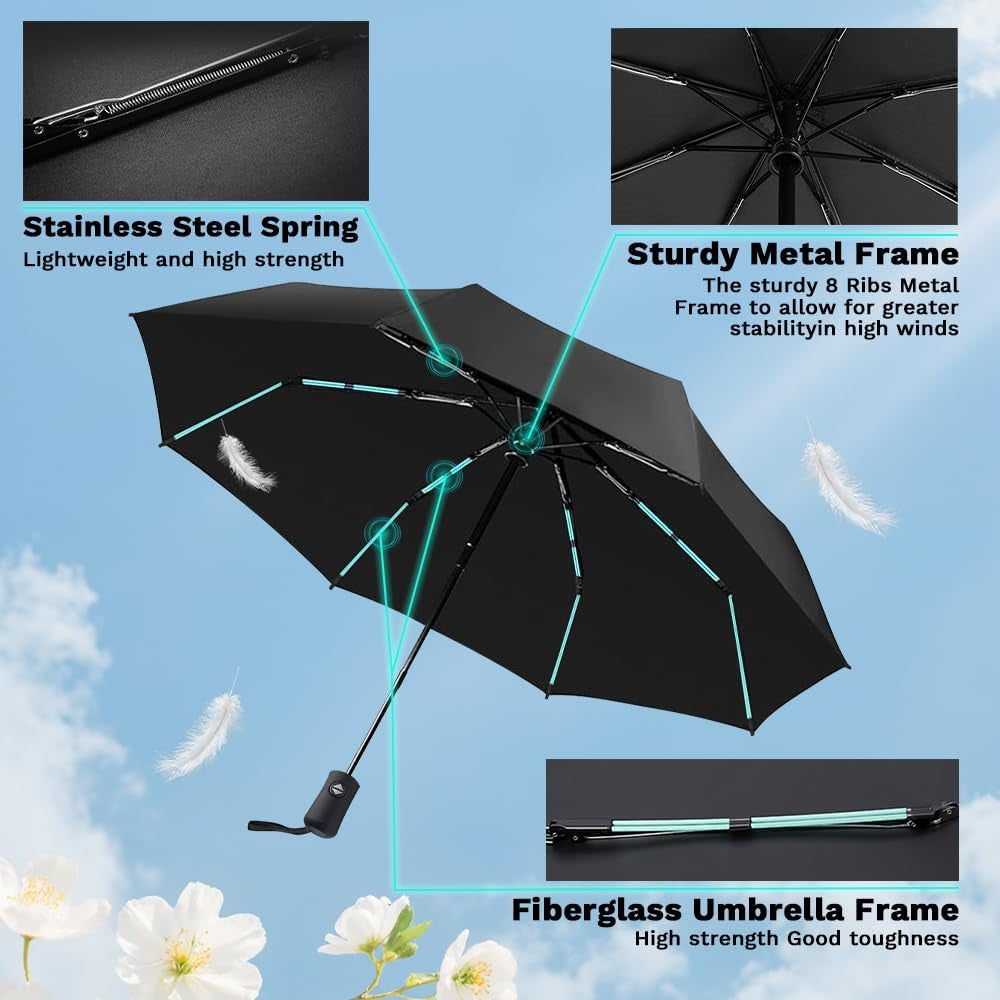 Compact Travel Umbrella, Automatic Folding Windproof 8 Ribs, Lightweight Small Portable Parasol for Rain & Sun with UV Protection, Fits Car, Backpack, Purse, Men & Women