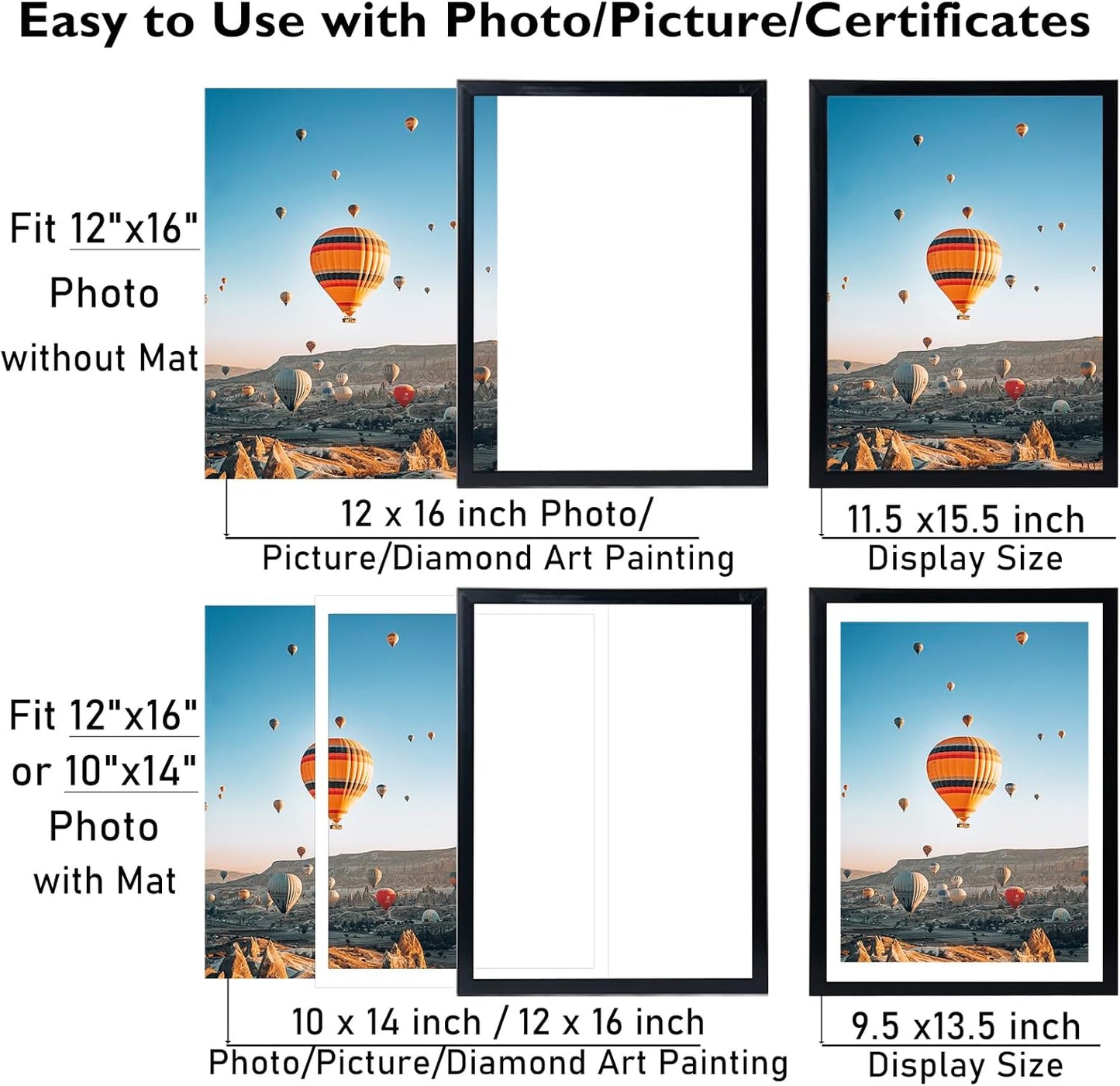 12X16 Black Picture Frame for 30 X 40Cm Diamond Painting Art, Display Photo 12 X 16 or 10 X 14 without Mat, Wall Hanging Large Diamond Painting Frames with Plexiglass