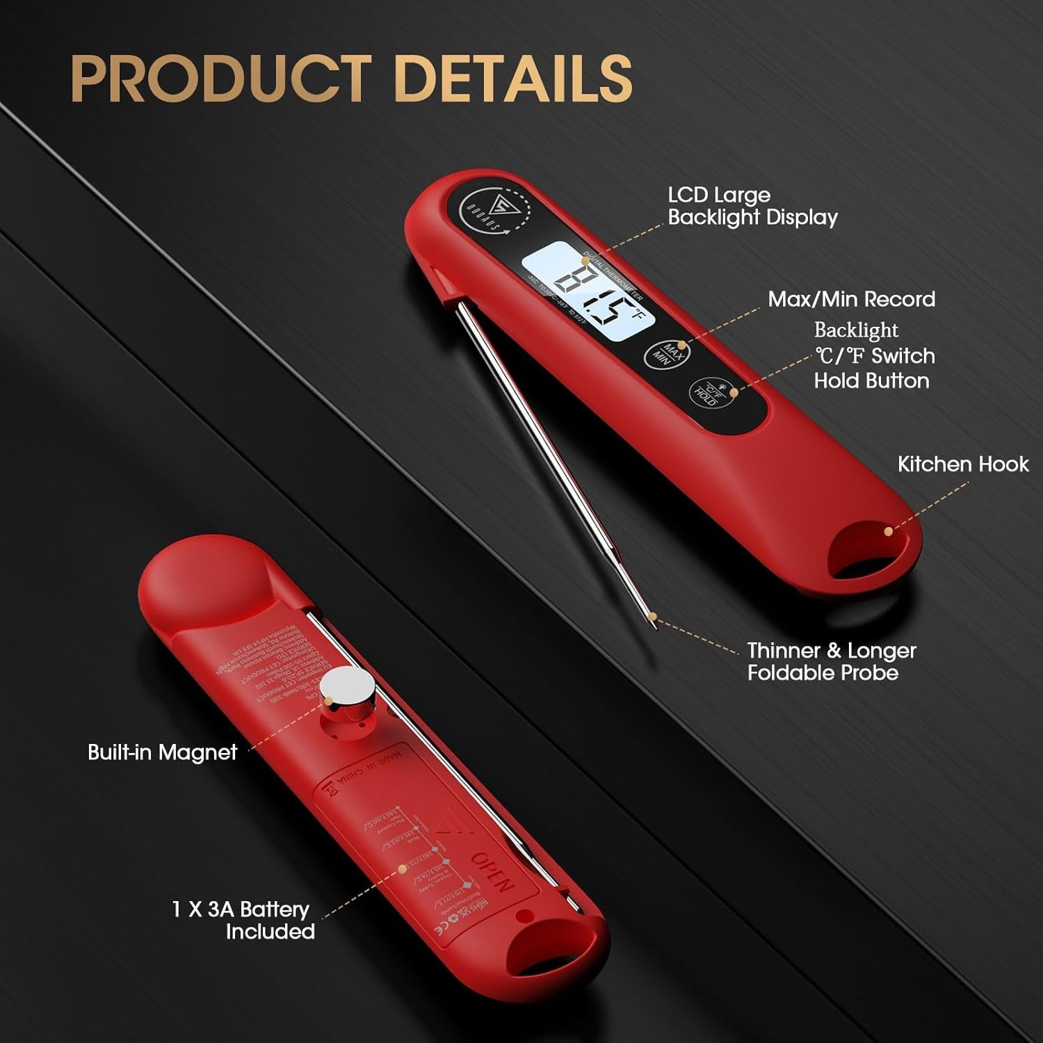 Digital Meat Thermometer, Instant Read Food Thermometer for Cooking, Kitchen Probe with Backlit, Cooking Temperature Probe for Turkey, Grill, BBQ, Baking, Bread, Sourdough