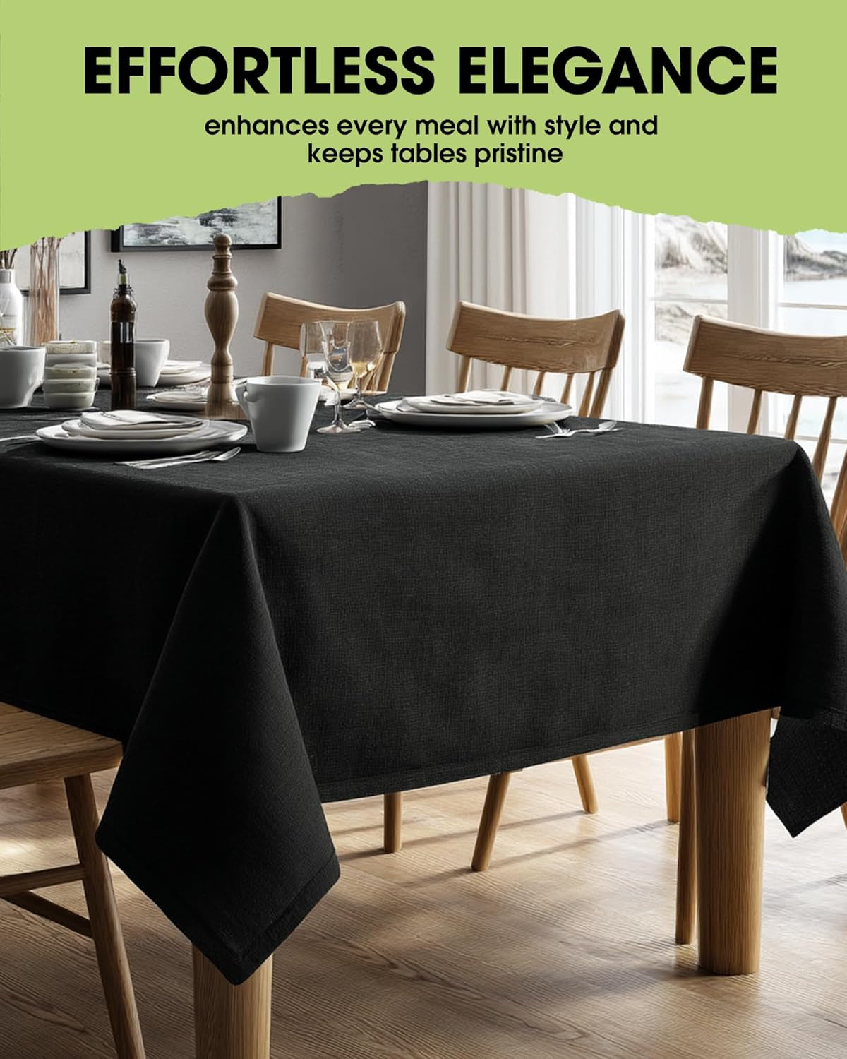 Rectangle Linen Tablecloth Waterproof & Stain Resistant, Wrinkle-Free Table Cloth Adds Elegance and Protection, Ideal for Dining, Party, Wedding and Outdoor, 52 X 70 Inch, Black