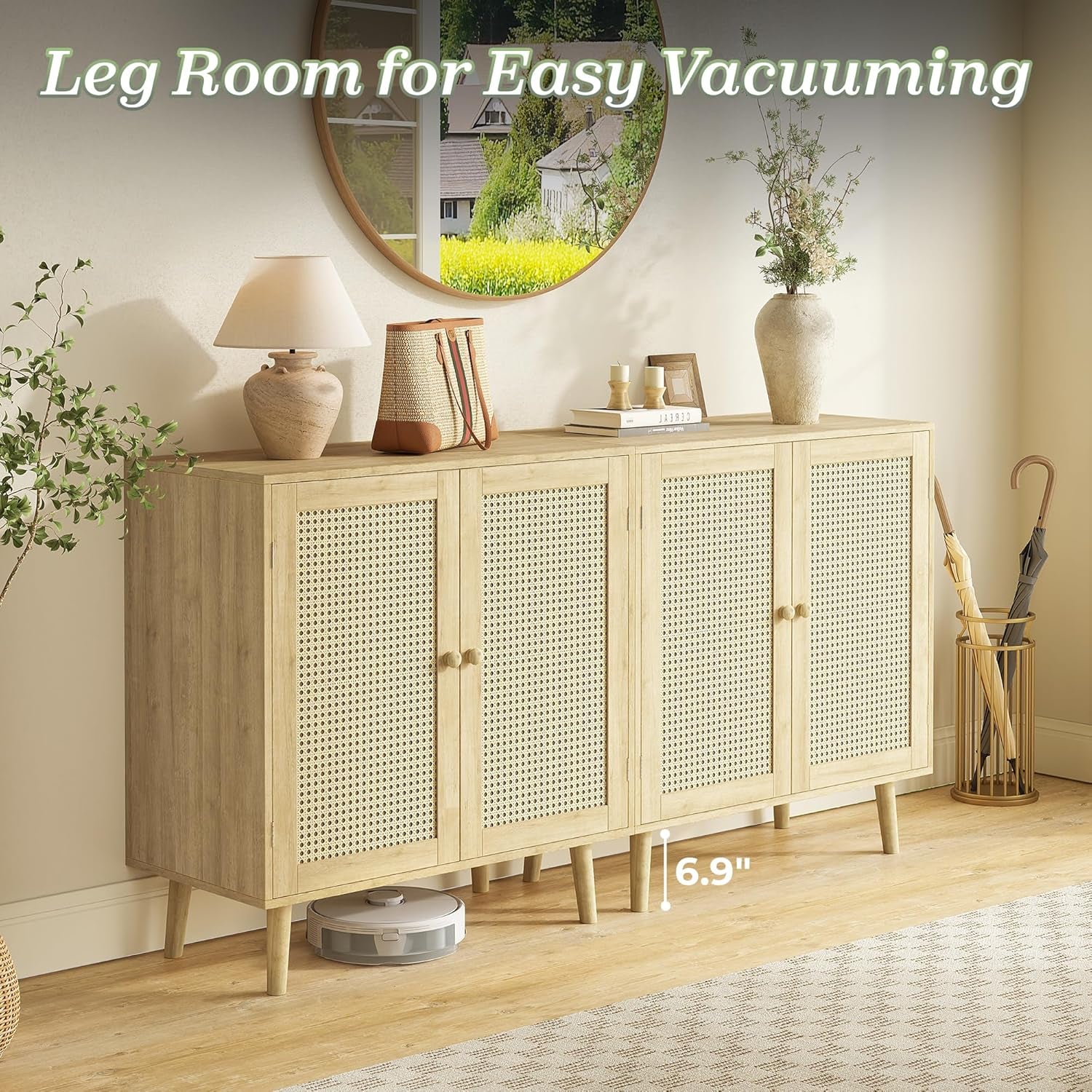 Buffet Cabinet with Storage and PE Rattan Decor Doors, Accent Sideboard with Solid Wood Legs for Hallway, Entryway, and Living Room in Natural Finish