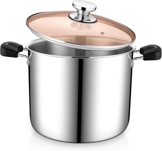 Stainless Steel 3-Ply Sock Pot with Lid, Stockpot for Cooking Pasta & Stewing Soup, Fits Multi Stoves, Heat-Proof Handle & Clear Lid, Heavy Duty & Dishwasher Safe, 12 Quarts