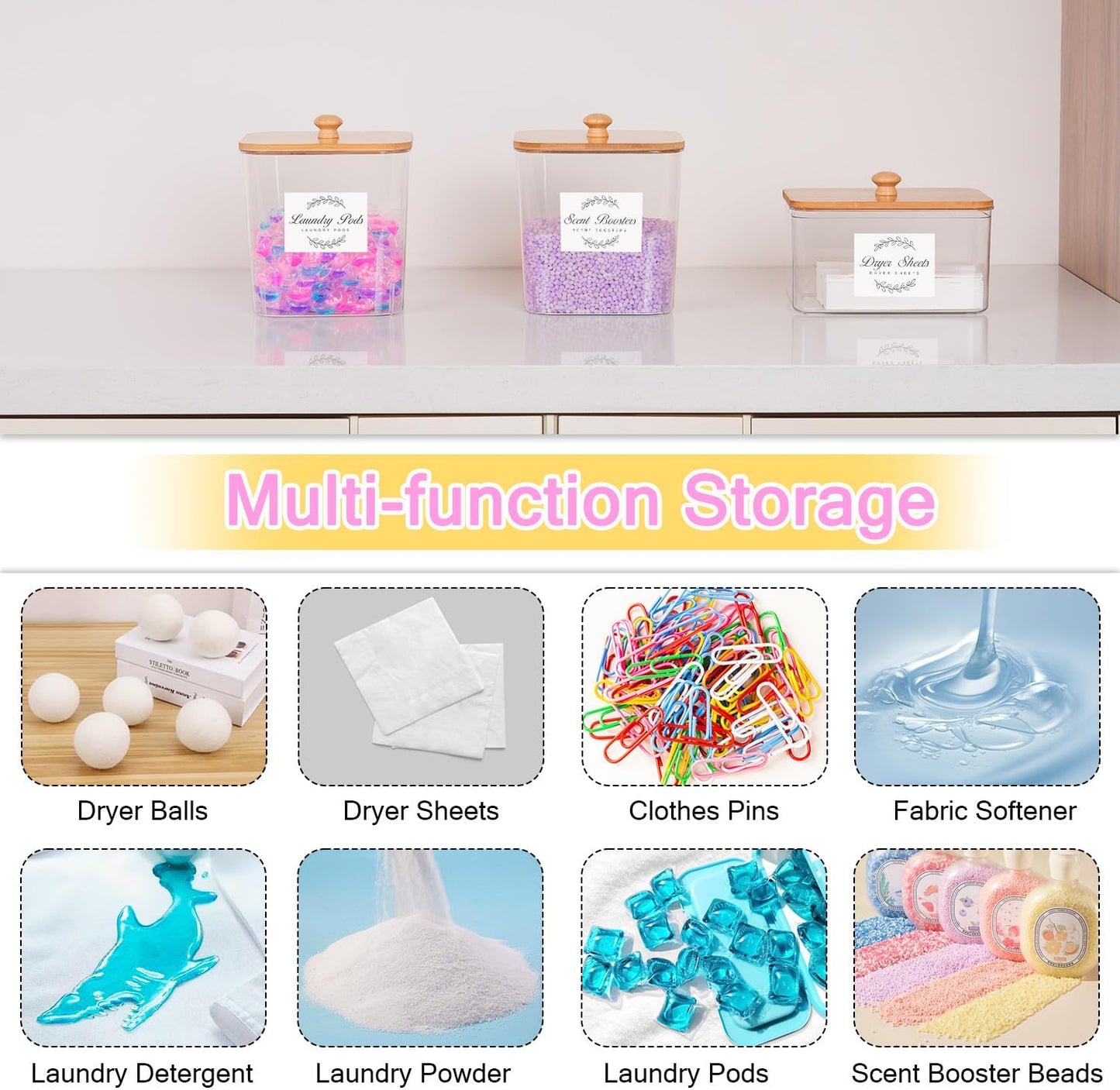 2 Pack Laundry Pods Container & Dryer Sheet Holder Set,Clear Laundry Room Organization Containers with Bamboo Lids and Labels,Laundry Pods Holder for Scent Booster,Powder,Pod