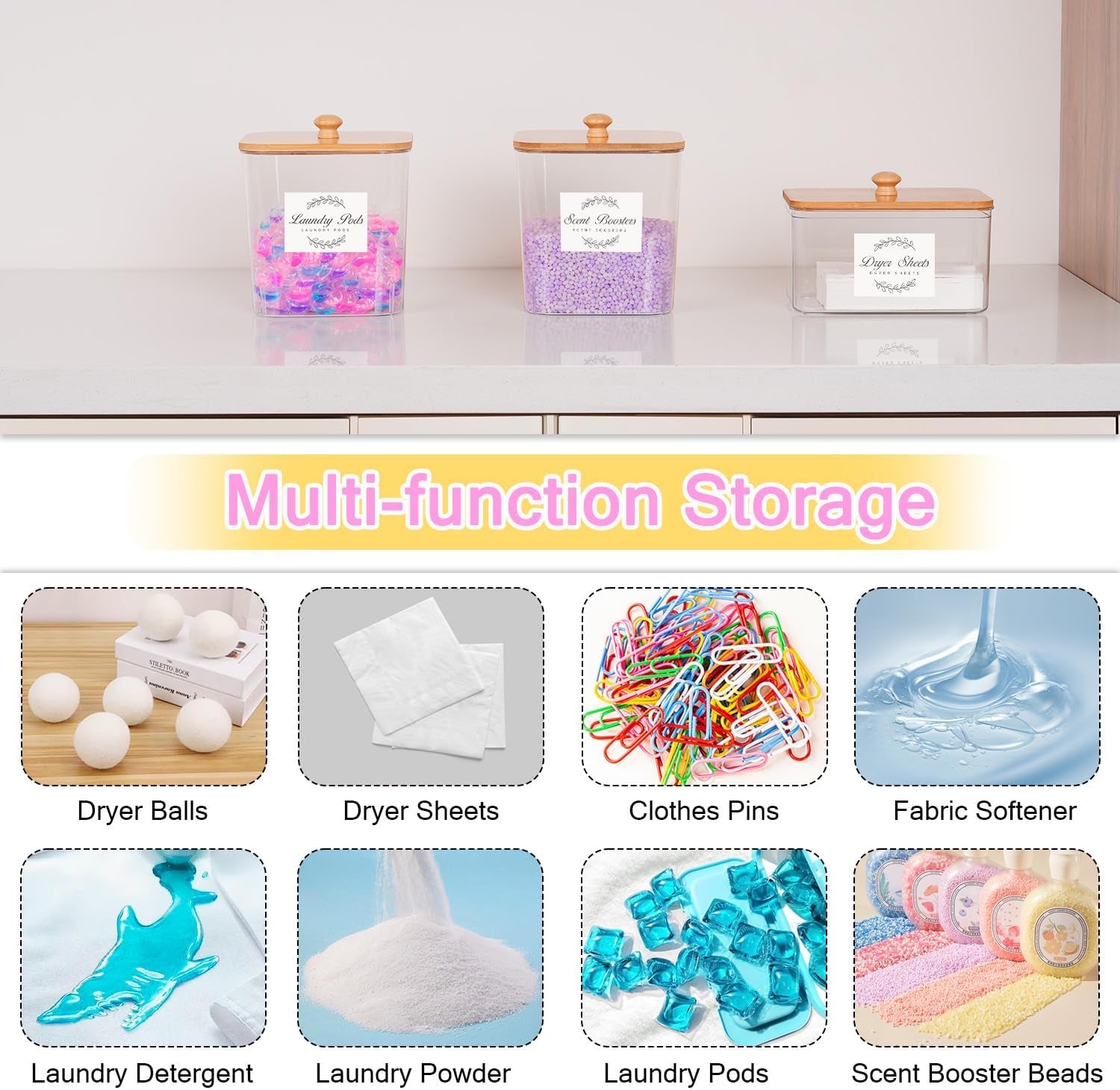 2 Pack Laundry Pods Container & Dryer Sheet Holder Set,Clear Laundry Room Organization Containers with Bamboo Lids and Labels,Laundry Pods Holder for Scent Booster,Powder,Pod