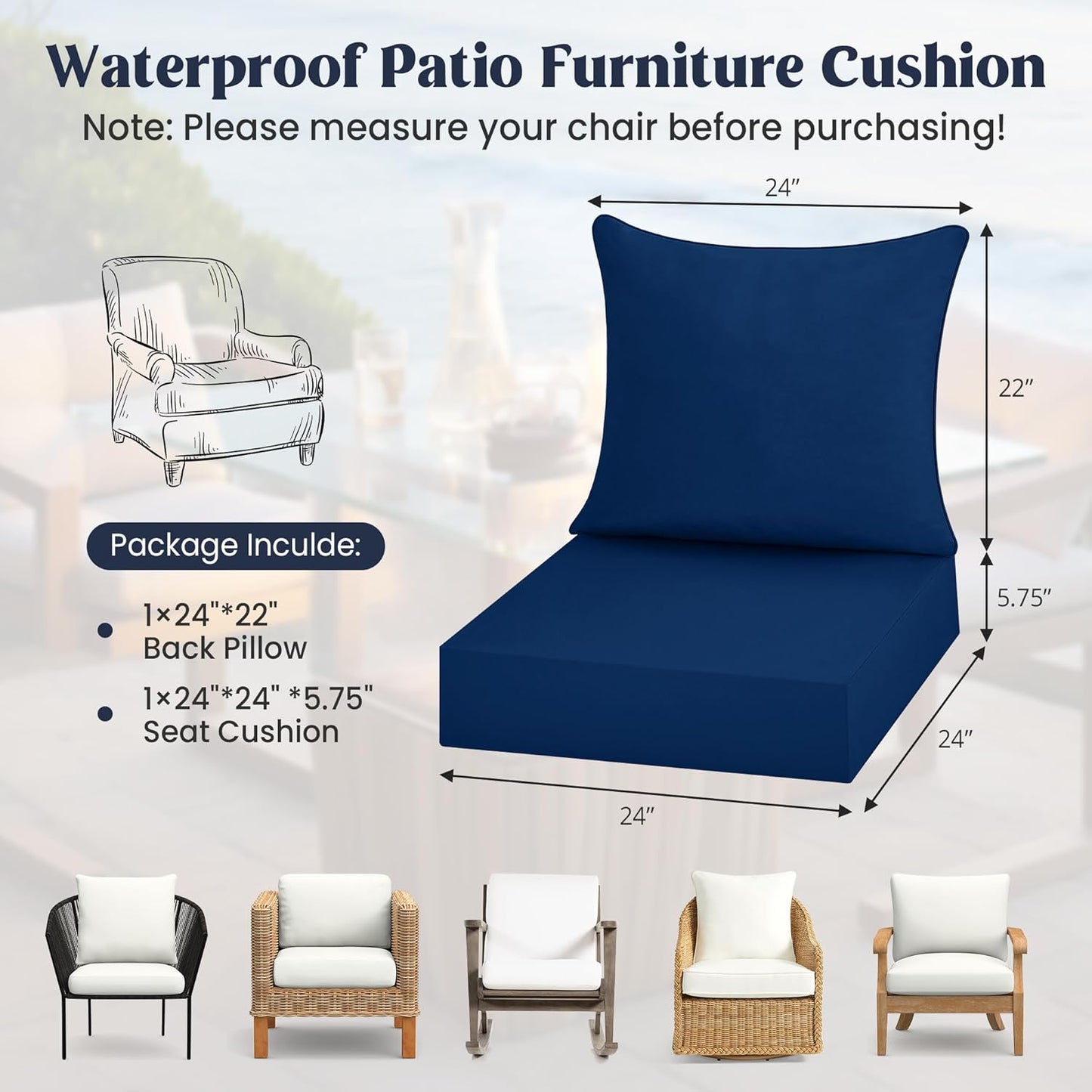 ® Outdoor Seat Cushions 24 X 24 X 5.75 Inch, Waterproof & Fade Resistant Patio Furniture Replacement Cushions with Removable Cover for Chair, Sofa, Couch, Wicker, Navy Blue