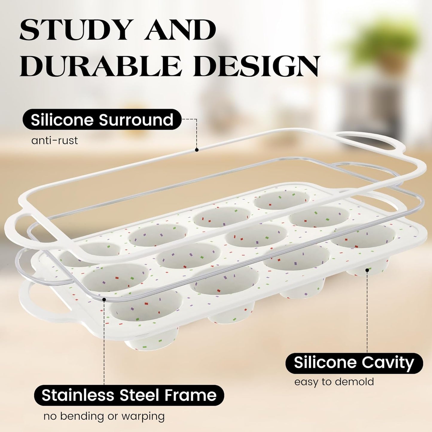 Professional Silicone Cupcake Pan Set - 12-Cup and 24-Cup Nonstick Muffin Molds with Metal Reinforced Frame, BPA Free (2 Pieces, Cream)