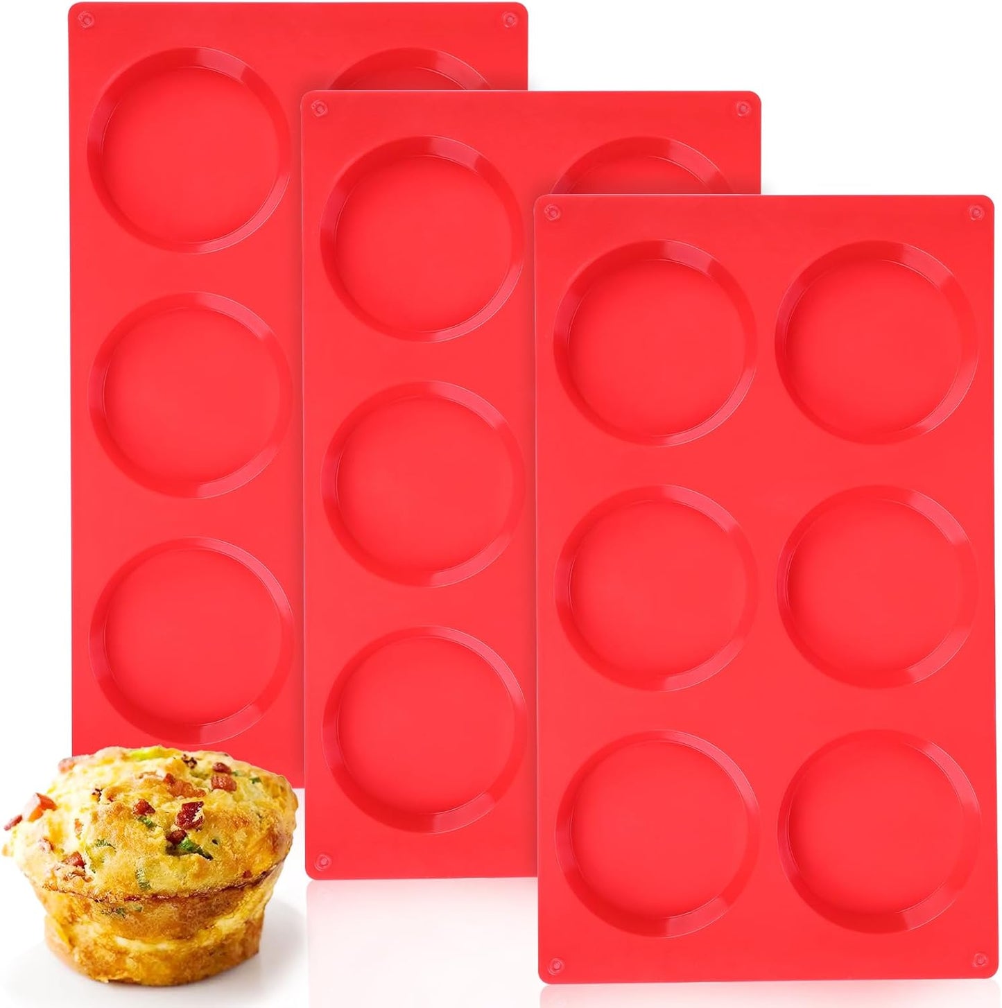 Muffin Top Pan, Silicone Egg Bite Molds for Breakfast Sandwiches, 3 Inch Egg Bite Maker, Non-Stick Silicone Mold for Oven, Whoopie Pies, Eggs Muffins, 3 Pcs-Red