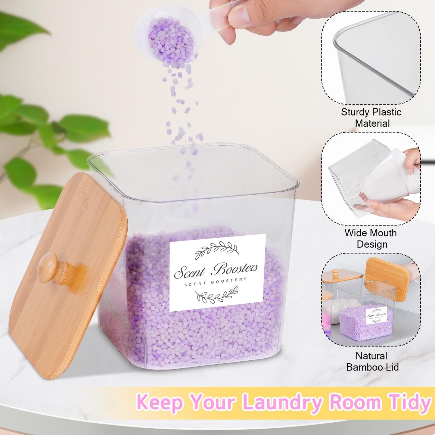 2 Pack Laundry Pods Container & Dryer Sheet Holder Set,Clear Laundry Room Organization Containers with Bamboo Lids and Labels,Laundry Pods Holder for Scent Booster,Powder,Pod