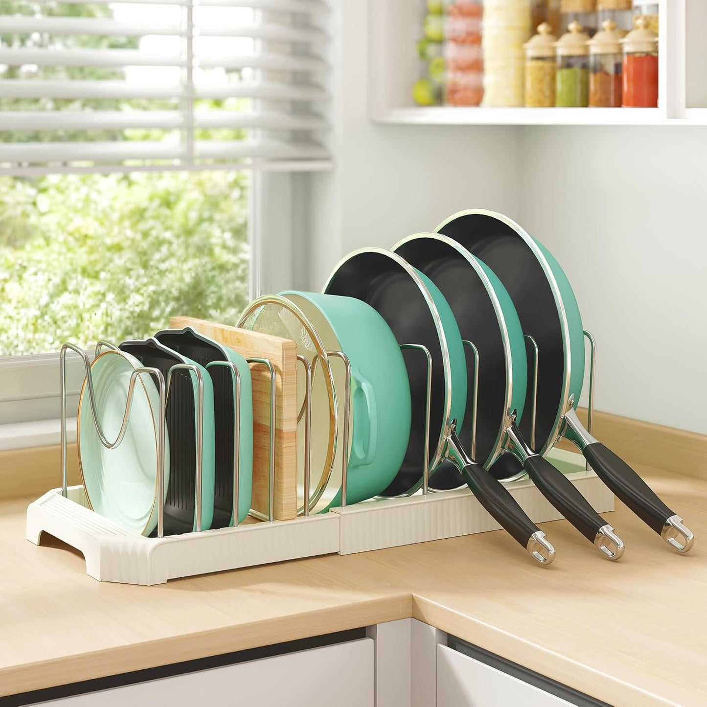 Pots and Pans Organizer for under Cabinet, Pan Pot Organizers inside Cabinet, Expandable Organizer with 10 Adjustable Dividers for Cookie Sheets, Cutting Boards, Pot Lids, Cookware - Frying Pan Rack