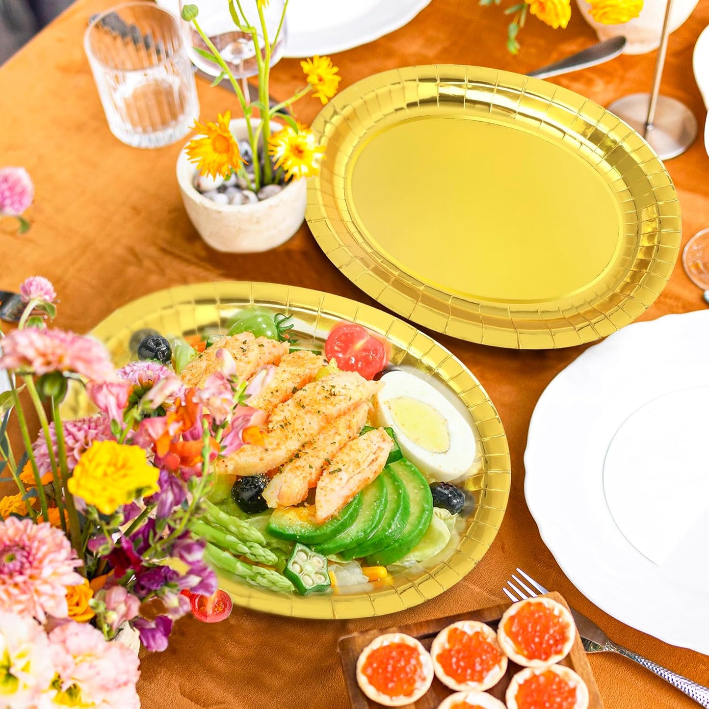 50 Pcs Gold Foil Paper Plates, 12.2'' X 10.2'' Oval Large Paper Plates, Dinner Plates Party Decorations Disposable Plates for Birthday Wedding Picnic Graduation Ceremony Anniversary Daily Use