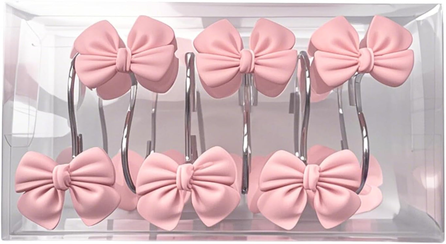 12Pcs Pink Bow Shower Curtain Hooks Set, Kawaii Bow Resin Hooks for Pink Bathroom Decor, Pink Bow Christmas, Coquette Bedroom, Girly Nursery, Cute Home Accessories