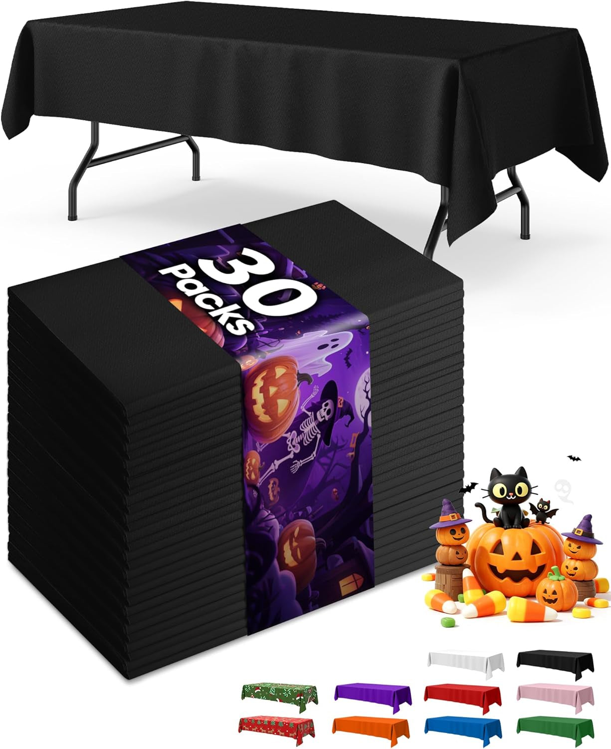 Black Plastic Table Cloth - 30 Pack 54" × 108" Rectangle Disposable Tablecloths for 6FT Tables, Waterproof Table Cover for Party, Holiday & Gathering Use