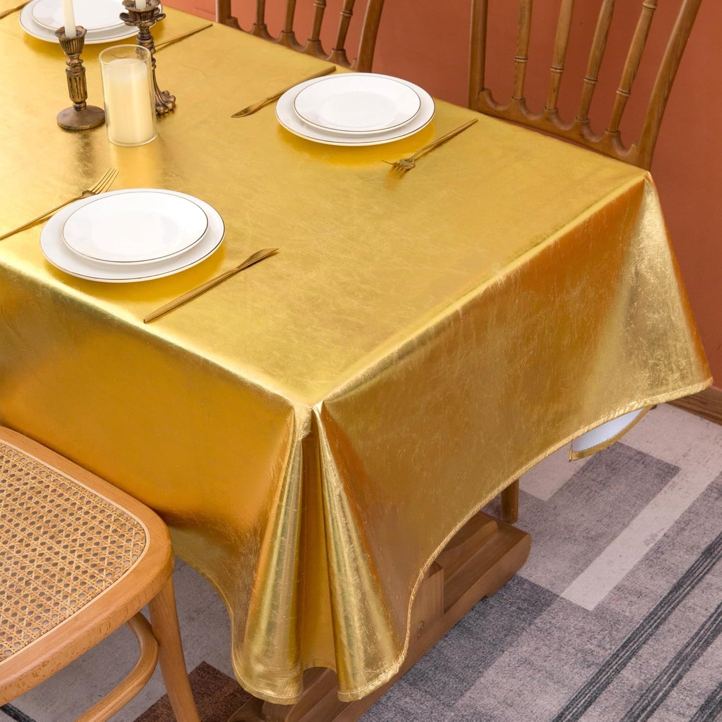 Rectangle Foiled Tablecloth Set, 2 Pack - 60 x 102 Inches, Gold - Stain Resistant for New Year Celebrations and Banquets