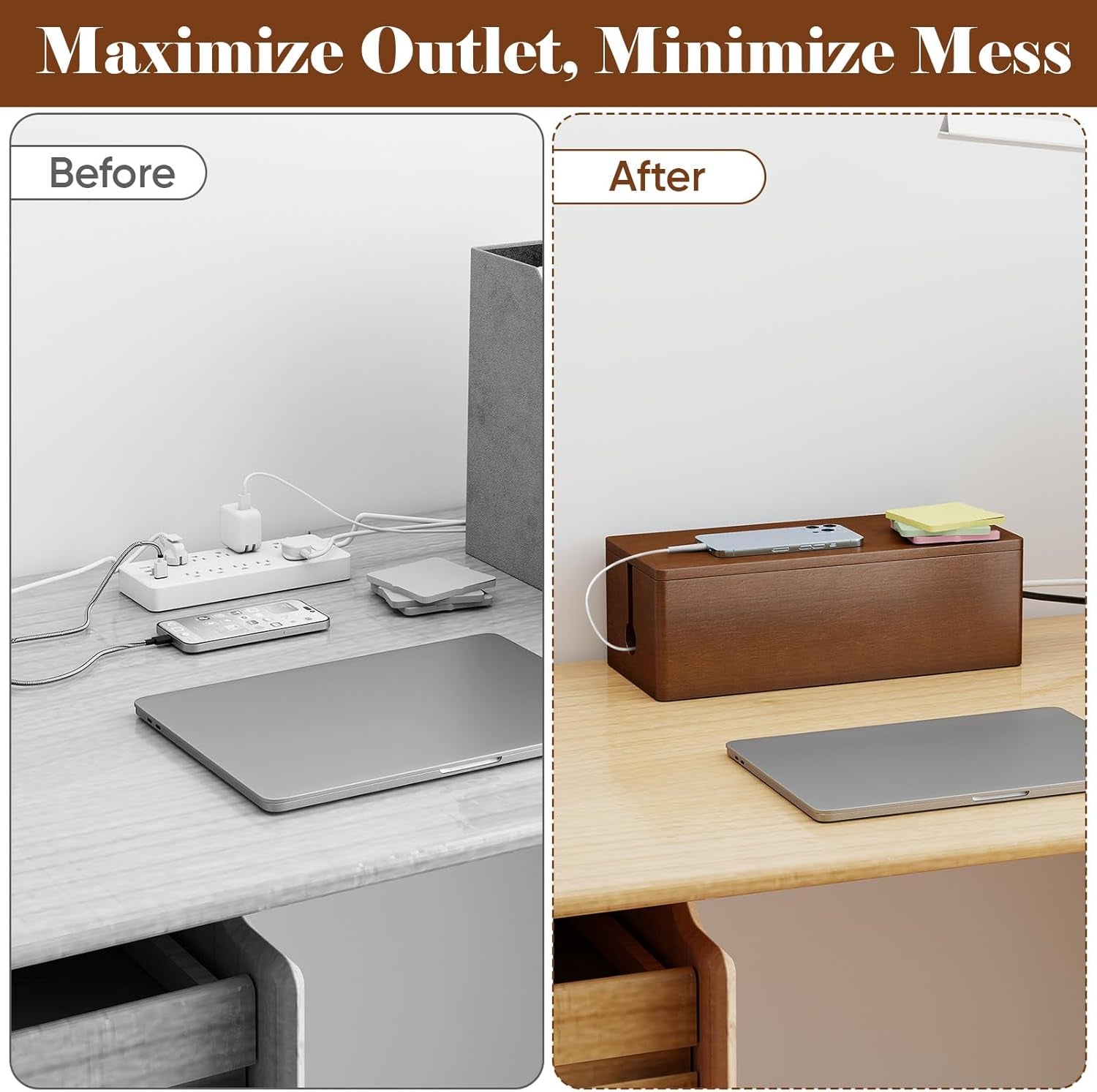 Cable Management Wooden Box with Magnetic Lid, Duty Cord Organizer Power Strip Hider Cover with Ventilation for Desk, Floor, Home Office, Baby-Pets Safe Storage Solution