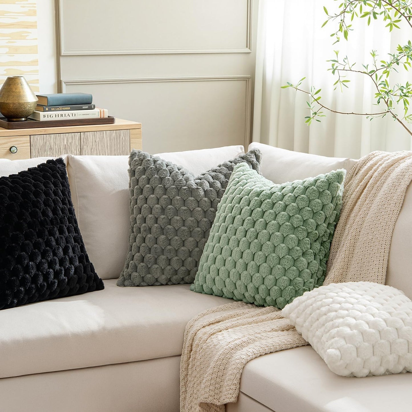 Sage Green Faux Fur Decorative Throw Pillow Covers 18X18 Inch Set of 2 Super Soft Cozy Plush Cushion Cases Luxury Fluffy Pillowcases for Sofa Couch Bed Living Room