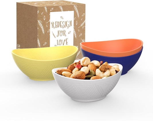 Wheat Straw Mini Bowls - 10 OZ Oval Set of 4 for Snacks, Desserts, Fruits, Ice Cream, Dips, and Yogurt, 5 Inch, Microwave and Dishwasher Safe, Mondrian Color