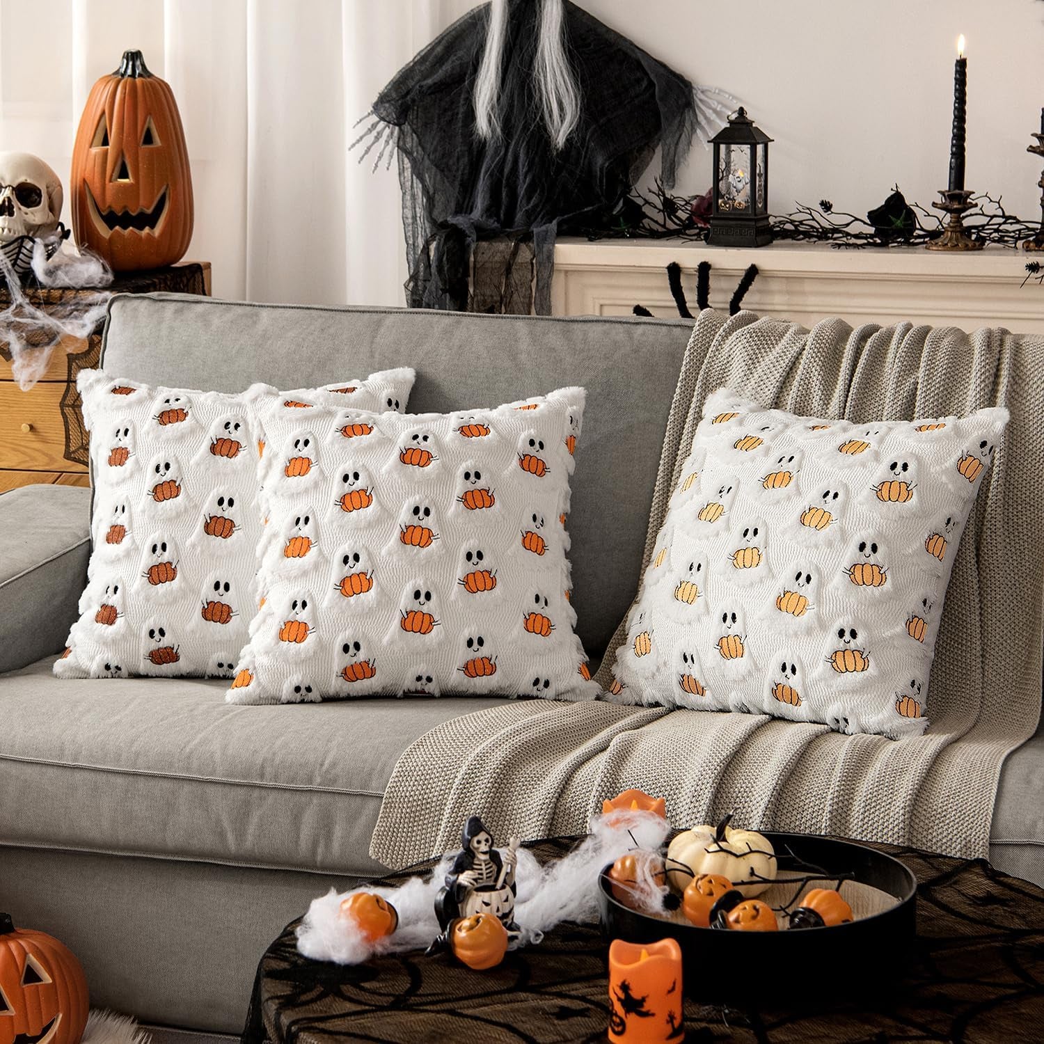 Halloween Pillow Covers Decorative Fall Cute Ghost Plush Faux Fur Pillows 18X18 Inch Set of 2 Soft Pumpkin Accents for Sofa Couch Bed Living Room Festive Home Decor, White Orange