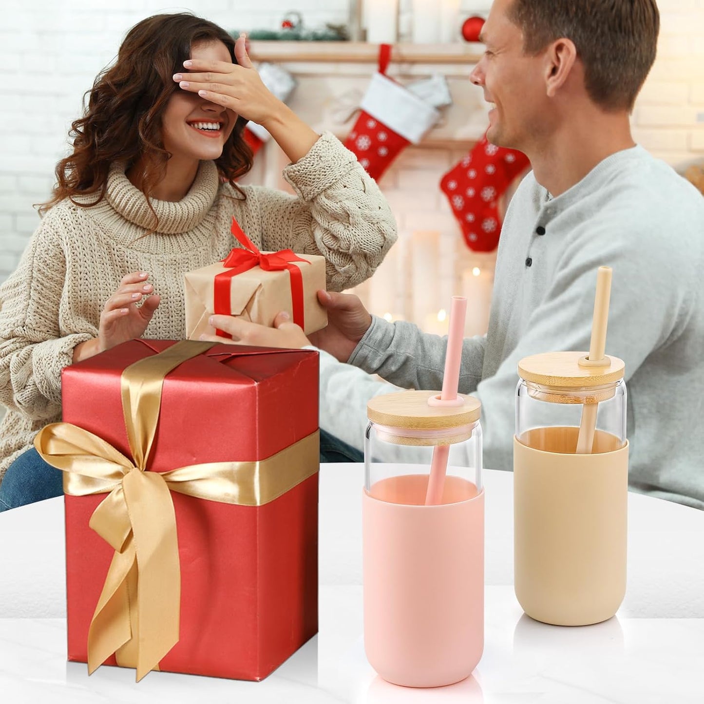 20 OZ Glass Cups with Bamboo Lids and Straws - Beer Can Drinking Glasses with Silicone Protective Sleeve Set, Iced Coffee Glasses, Cute Tumbler Cup for Water, Tea, Gift - Pink, Amber