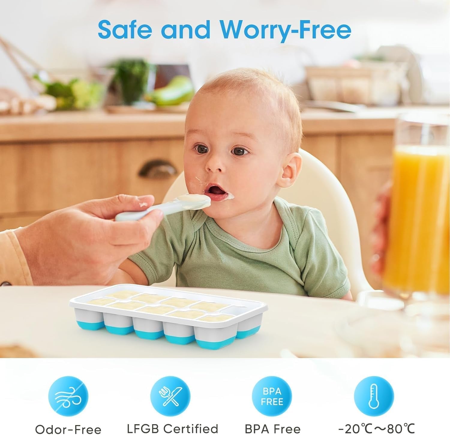 Ice Cube Tray with Lid and Bin, 4 Pack Silicone Plastic Ice Cubes Trays for Freezer with Box/Container, Stackable with Storage Iced Bucket Kits, Scoop, for RV, Soup, Food, Cocktail, Coffee