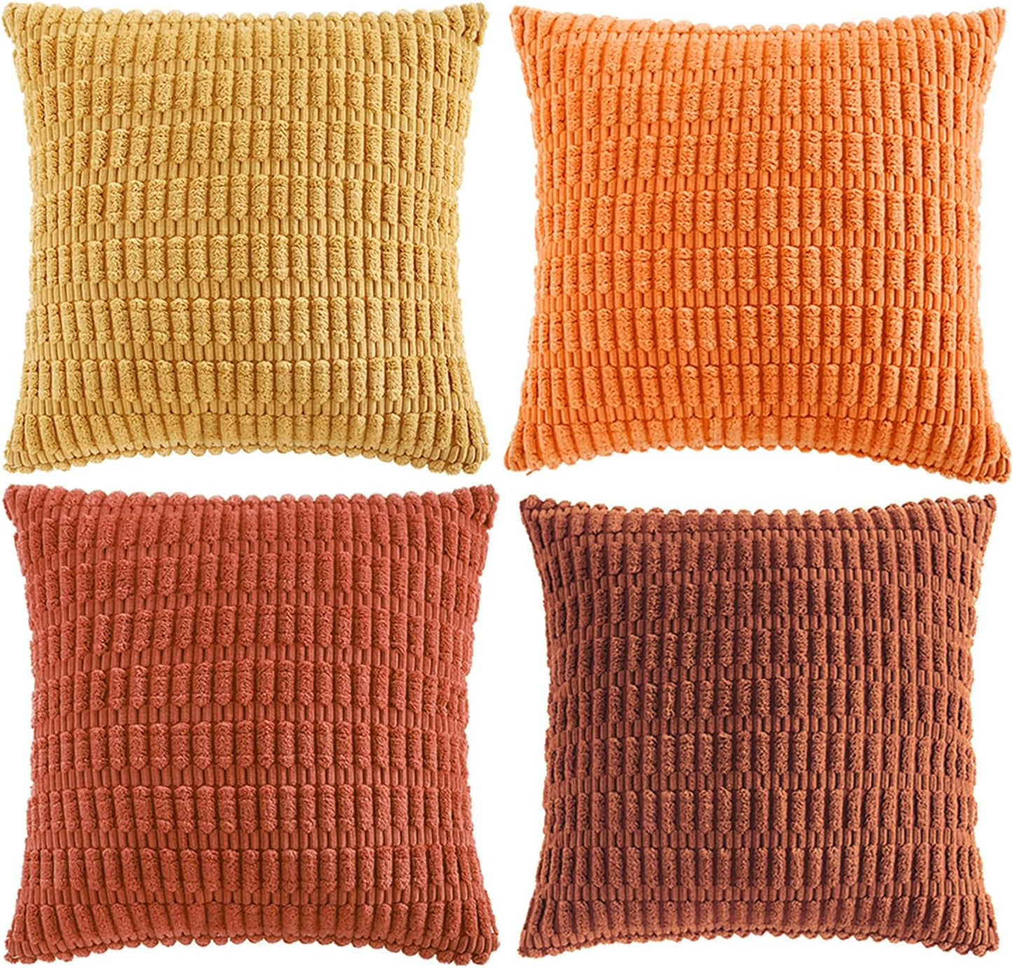 Set of 4 Burnt Orange Fall Decorative Throw Pillow Covers 18X18 Inch for Couch Bed Chair, Modern Farmhouse Boho Room Decor, Soft Fuzzy Corduroy Textured Striped Cushion Case 45Cm